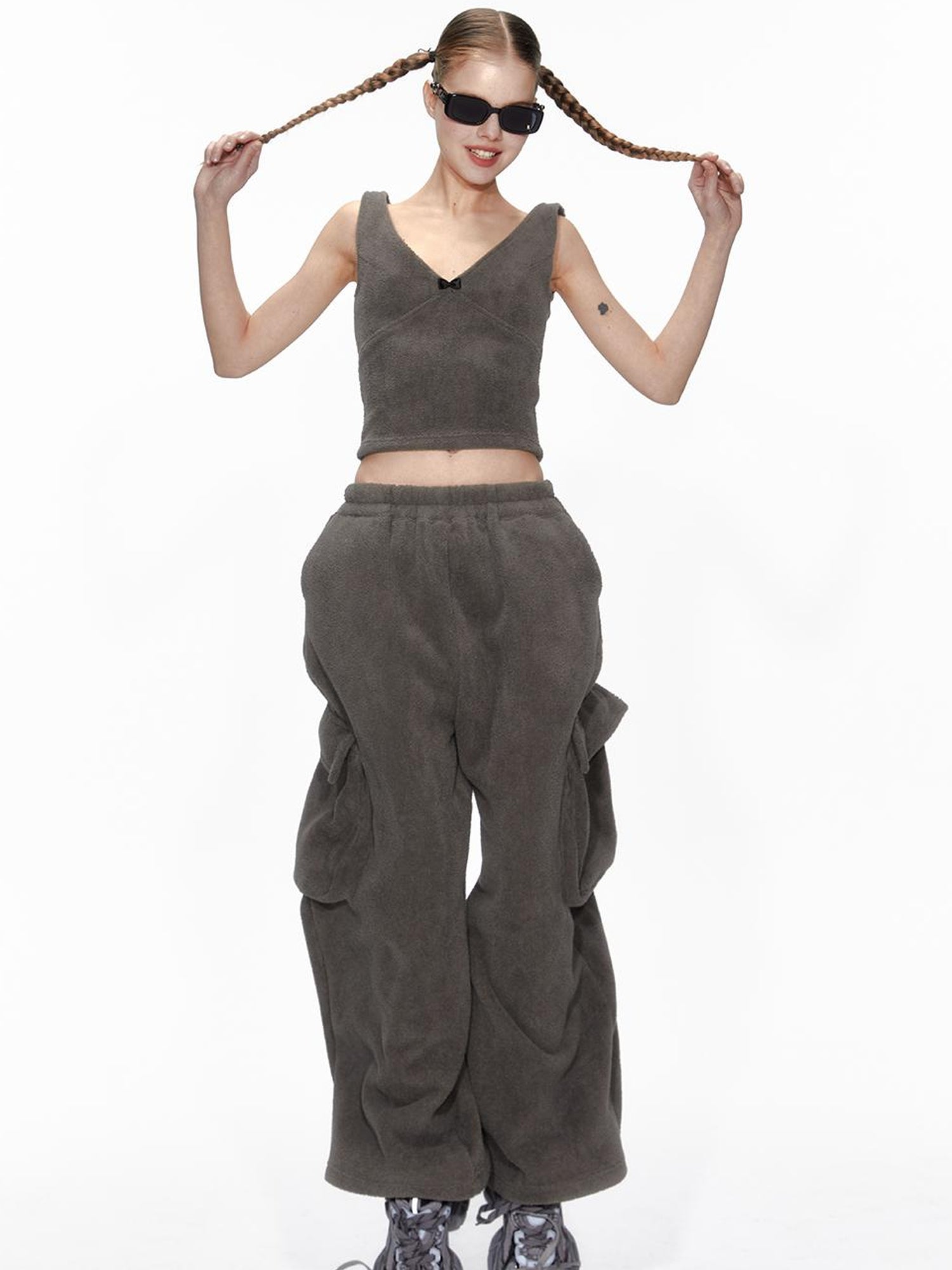 Cozy Fleece Loungewear Set With Wide Leg Pants