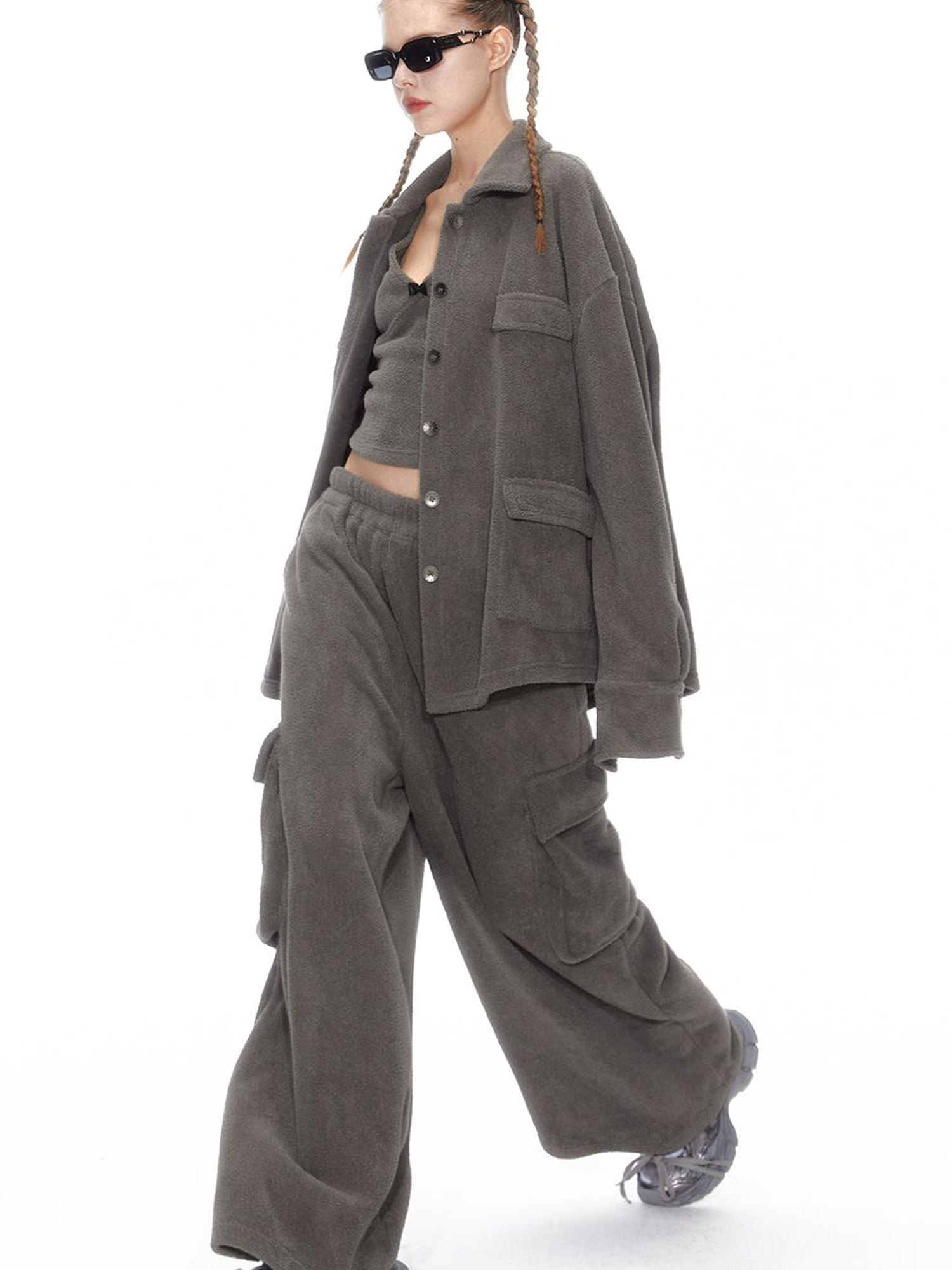 Cozy Fleece Loungewear Set With Wide Leg Pants