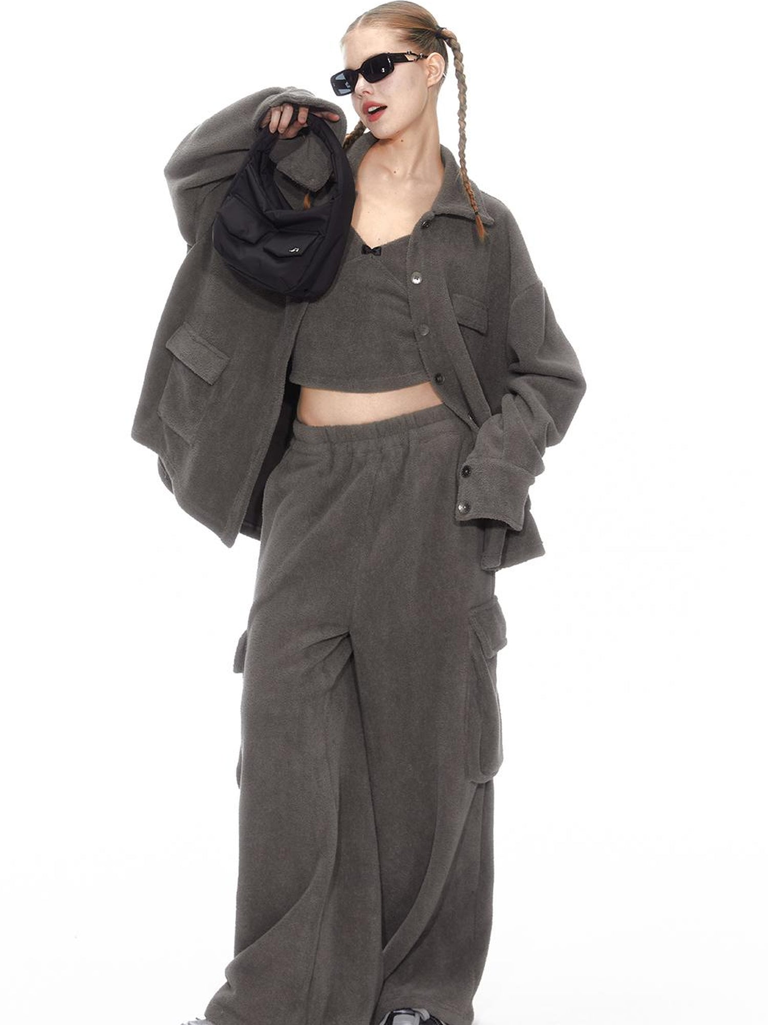 Cozy Fleece Loungewear Set With Wide Leg Pants