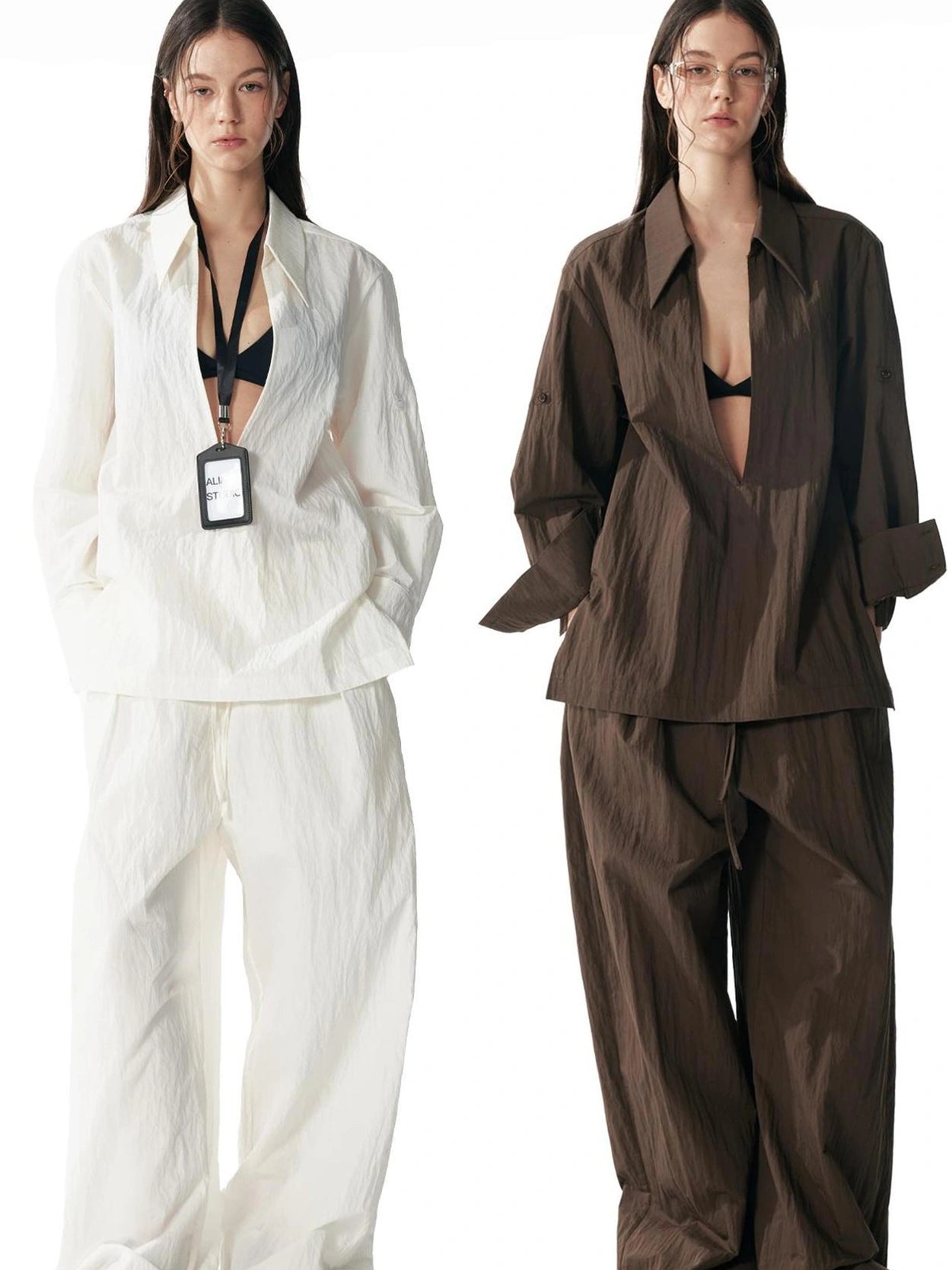 ALINNV STUDIO Deep V Linen Shirt Wide Leg Pants Set Shirts