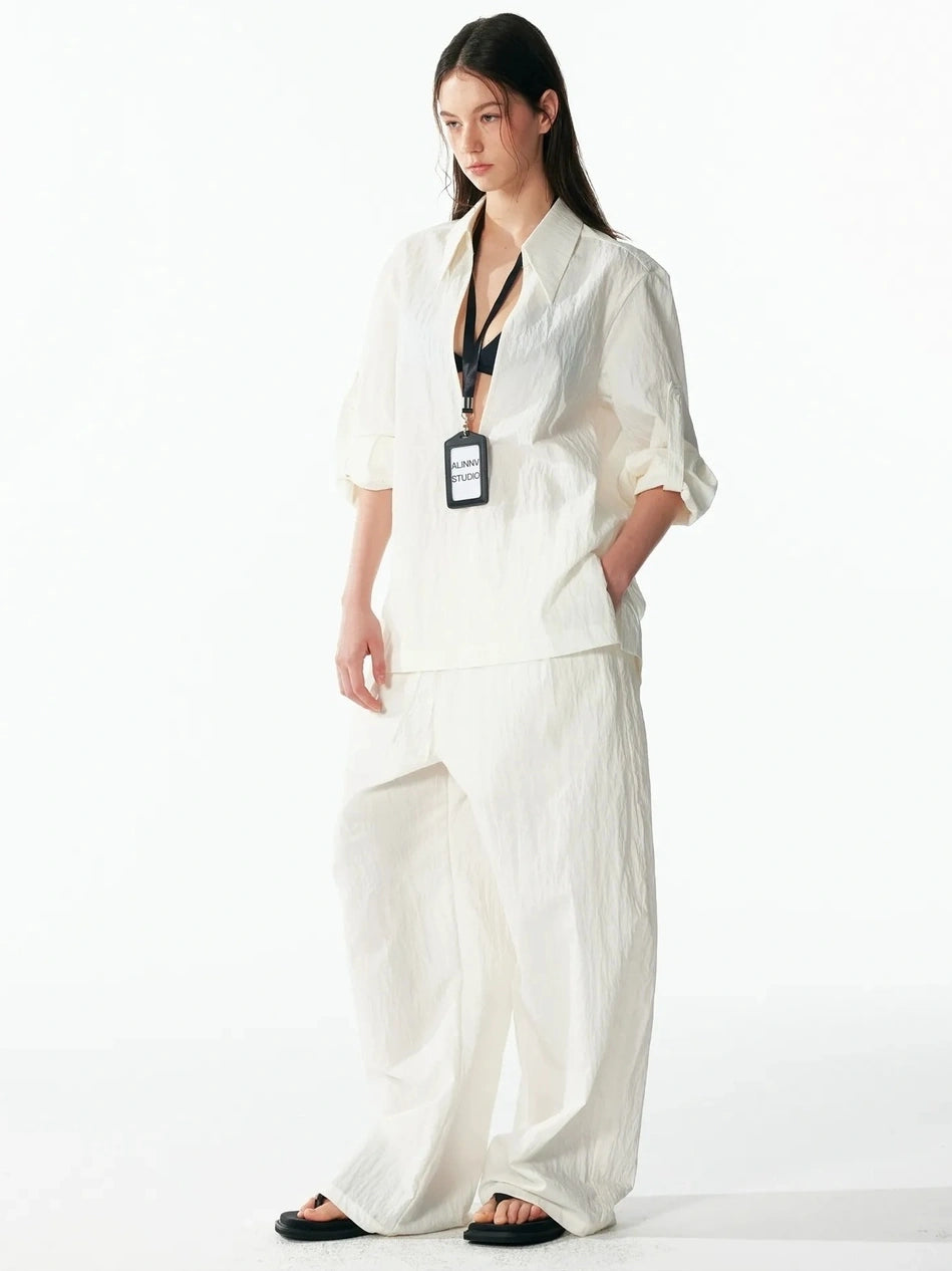 ALINNV STUDIO Deep V Linen Shirt Wide Leg Pants Set Shirts