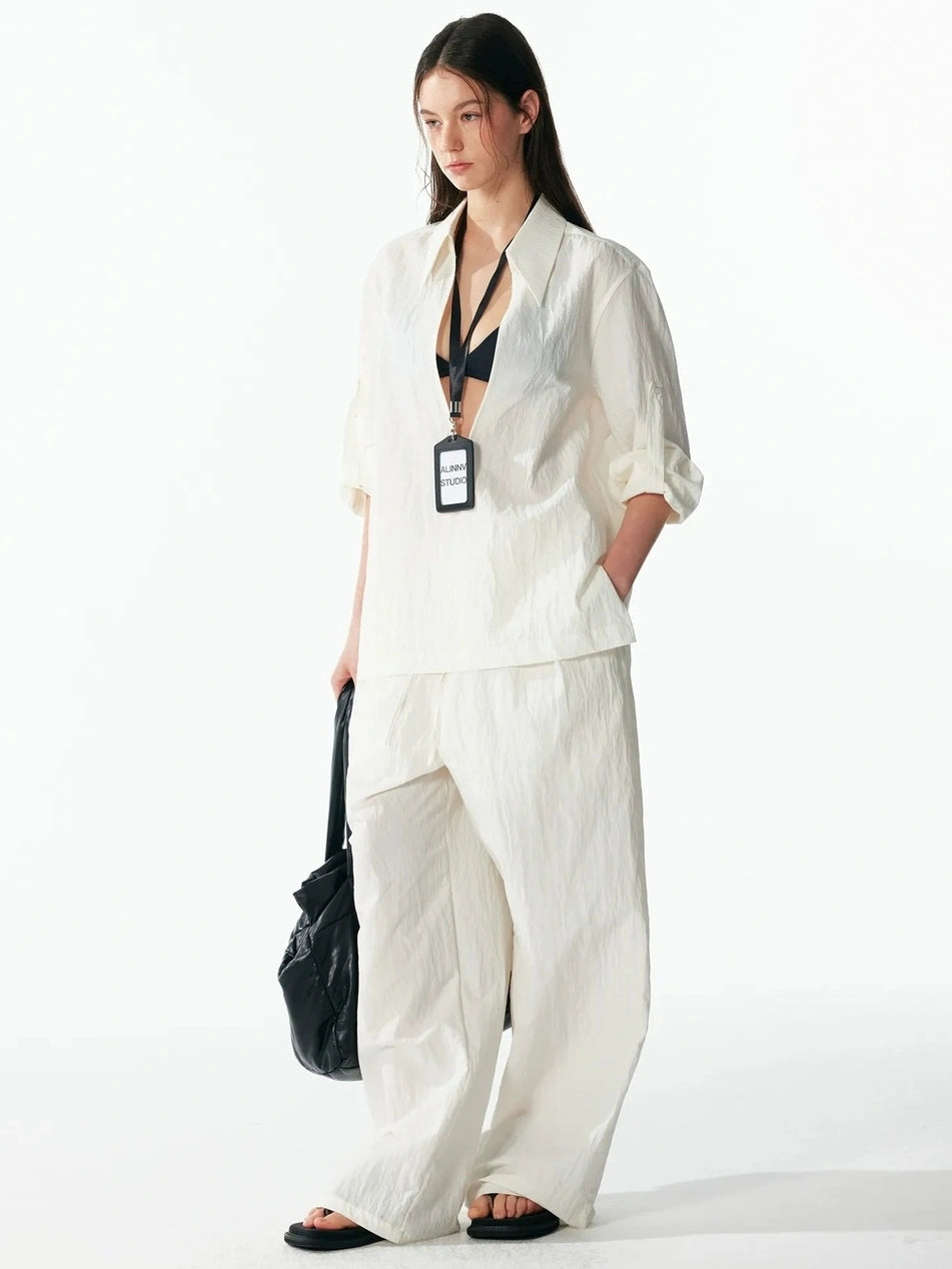 ALINNV STUDIO Deep V Linen Shirt Wide Leg Pants Set Shirts