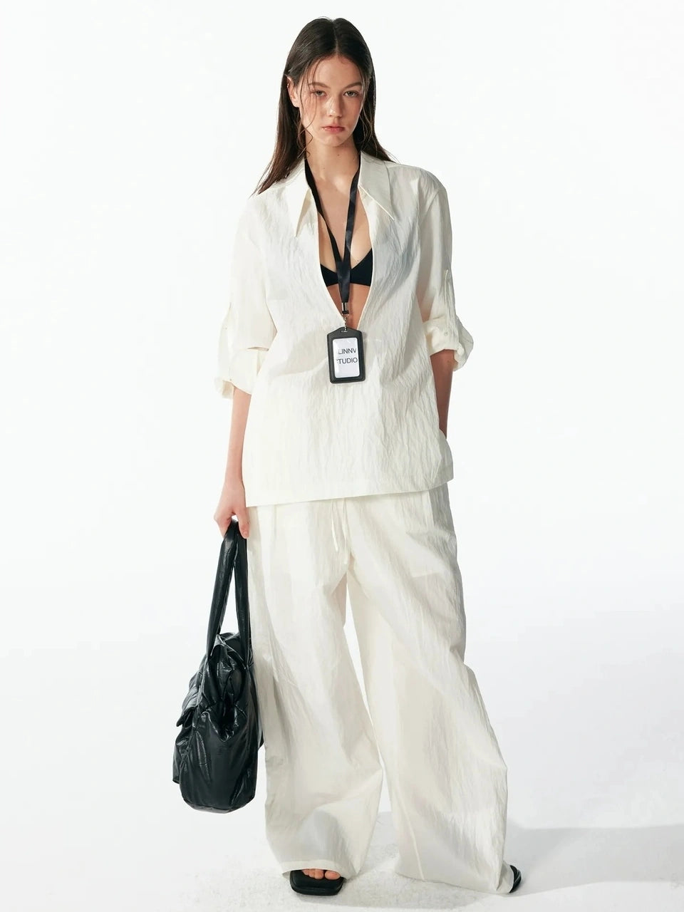ALINNV STUDIO Deep V Linen Shirt Wide Leg Pants Set Shirts