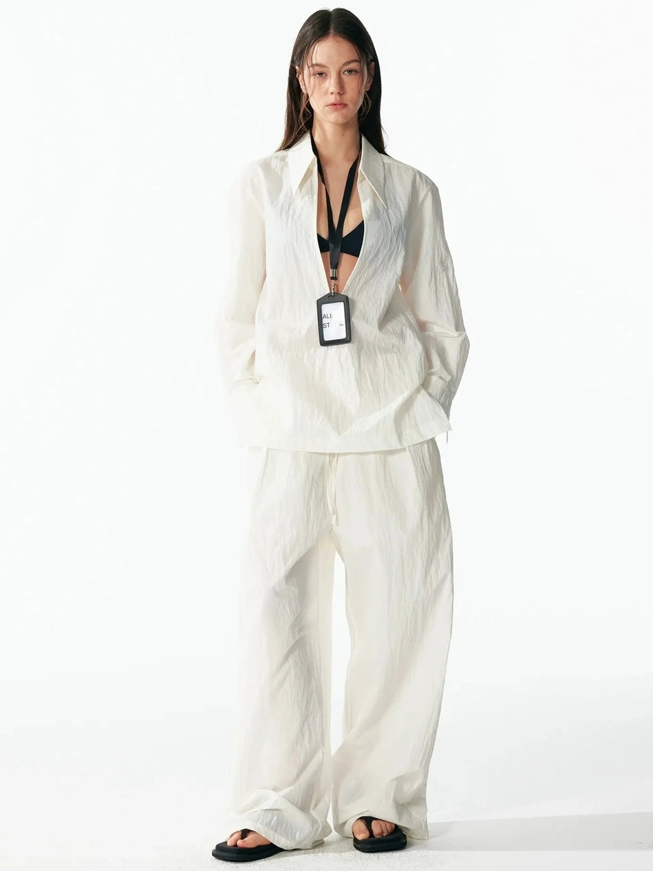 ALINNV STUDIO Deep V Linen Shirt Wide Leg Pants Set Shirts