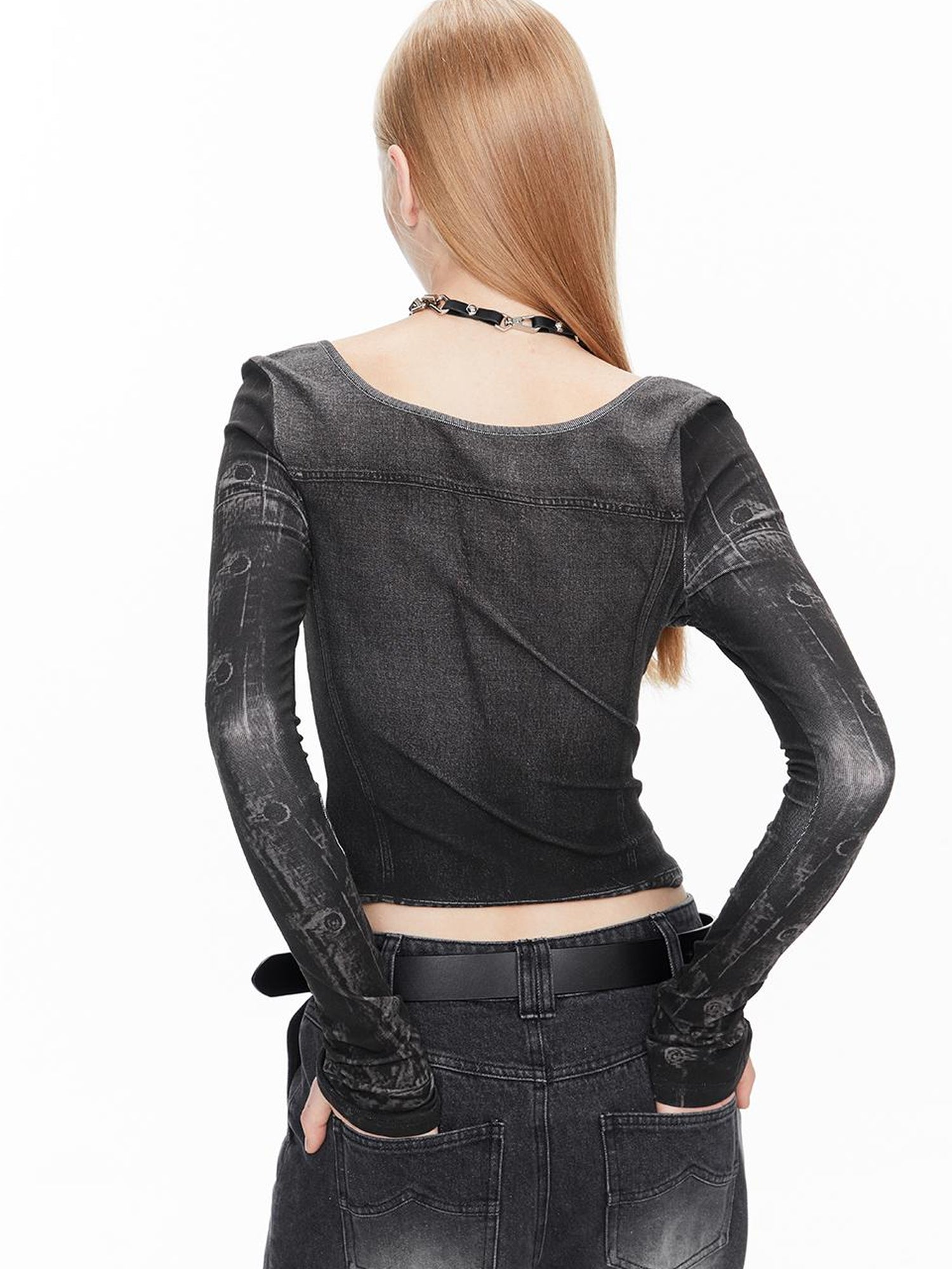 ALINNV STUDIO Digital Denim Print Cropped Long Sleeve Tee