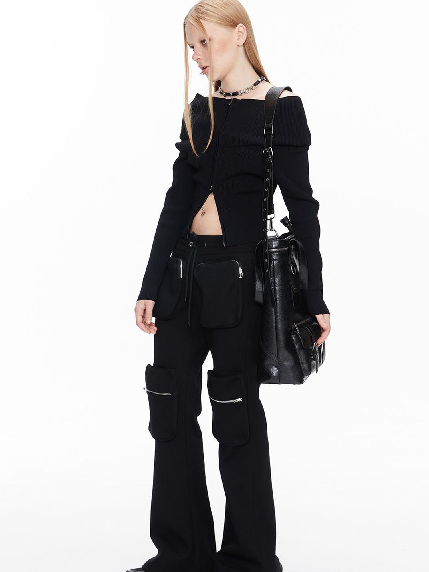 ALINNV STUDIO Double Zip Off Shoulder Ribbed Top