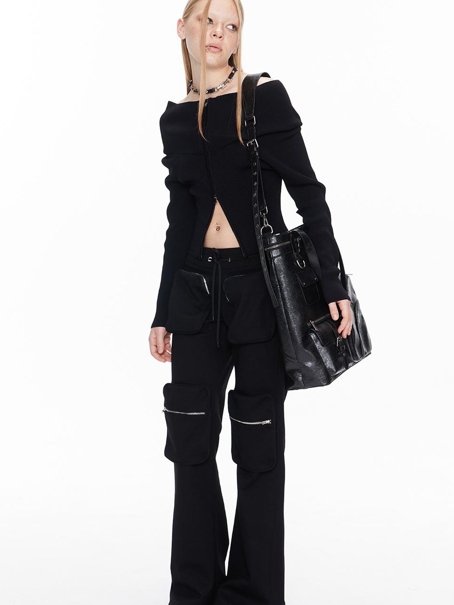 ALINNV STUDIO Double Zip Off Shoulder Ribbed Top