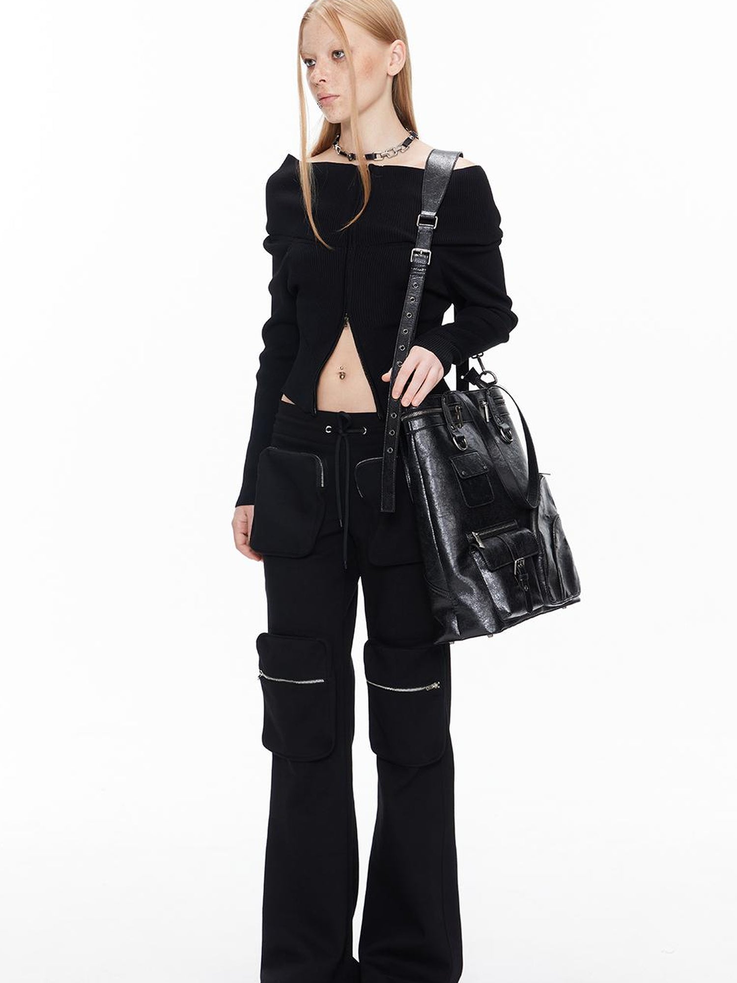 ALINNV STUDIO Double Zip Off Shoulder Ribbed Top