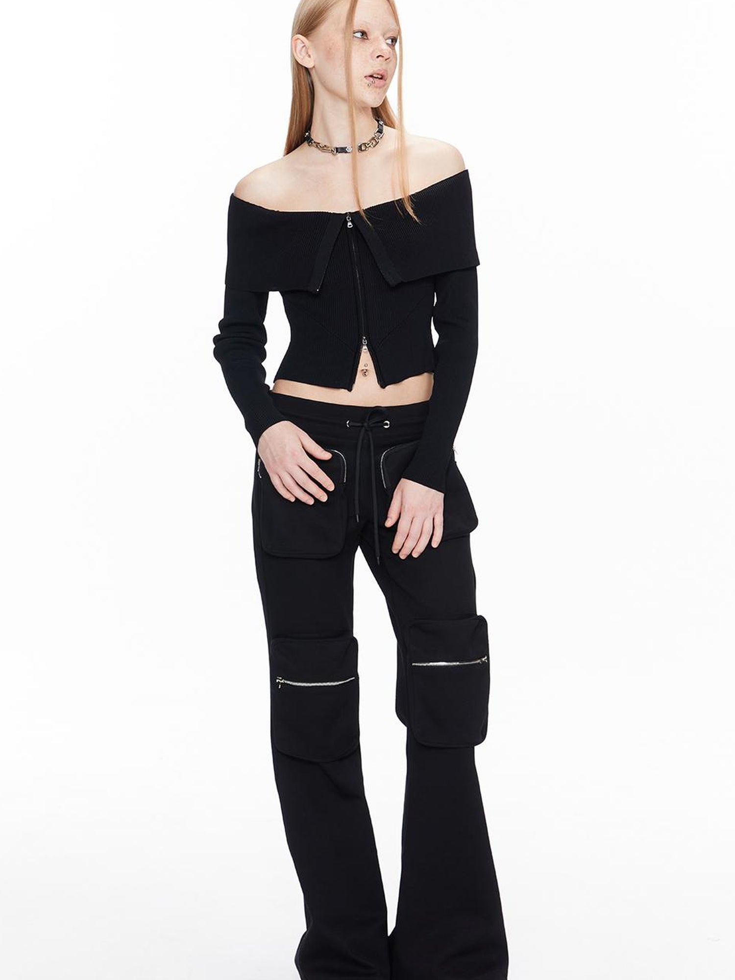 ALINNV STUDIO Double Zip Off Shoulder Ribbed Top