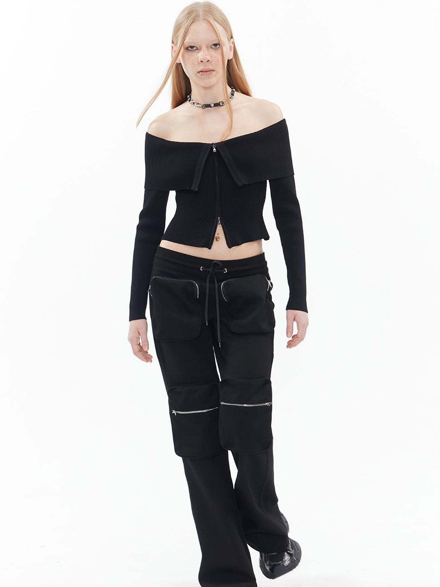 ALINNV STUDIO Double Zip Off Shoulder Ribbed Top