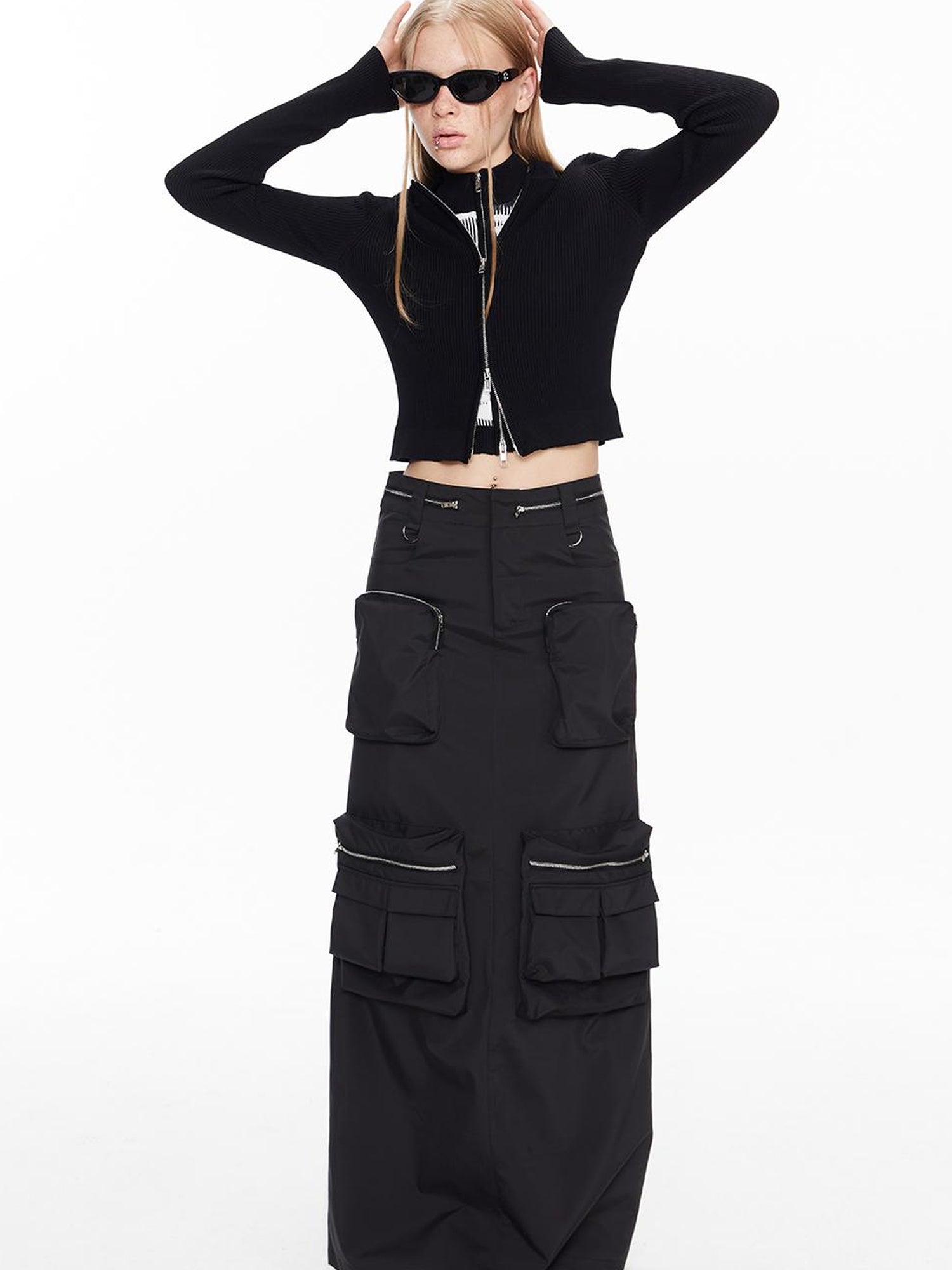 ALINNV STUDIO Double Zip Print Knit Vest Cropped Cardigan
