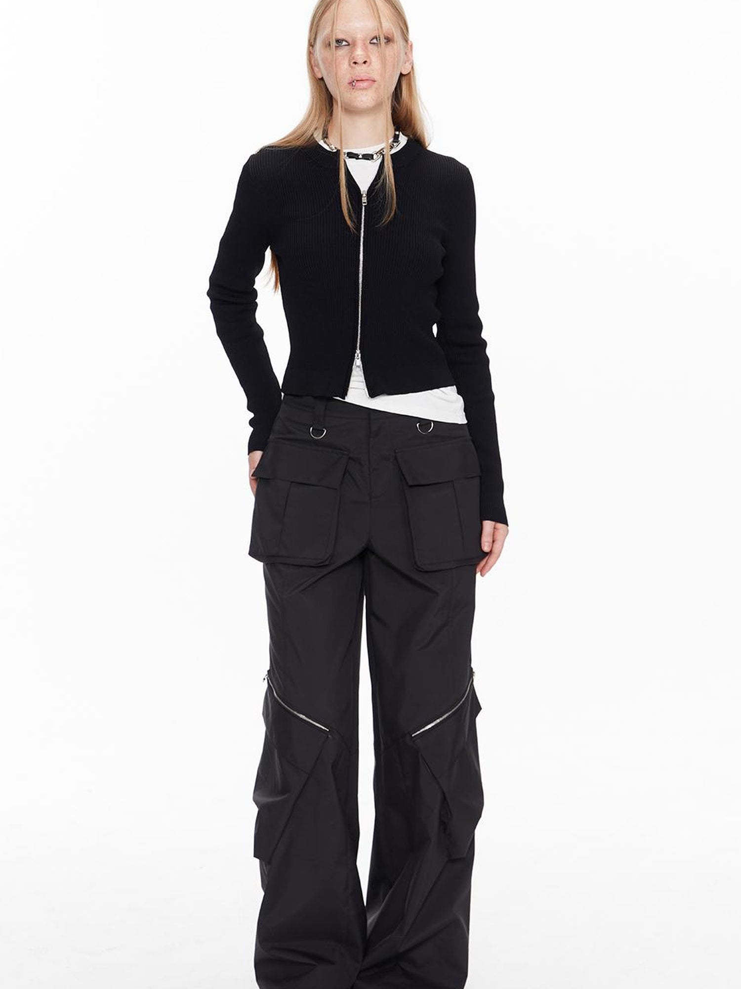ALINNV STUDIO Double Zip Print Knit Vest Cropped Cardigan