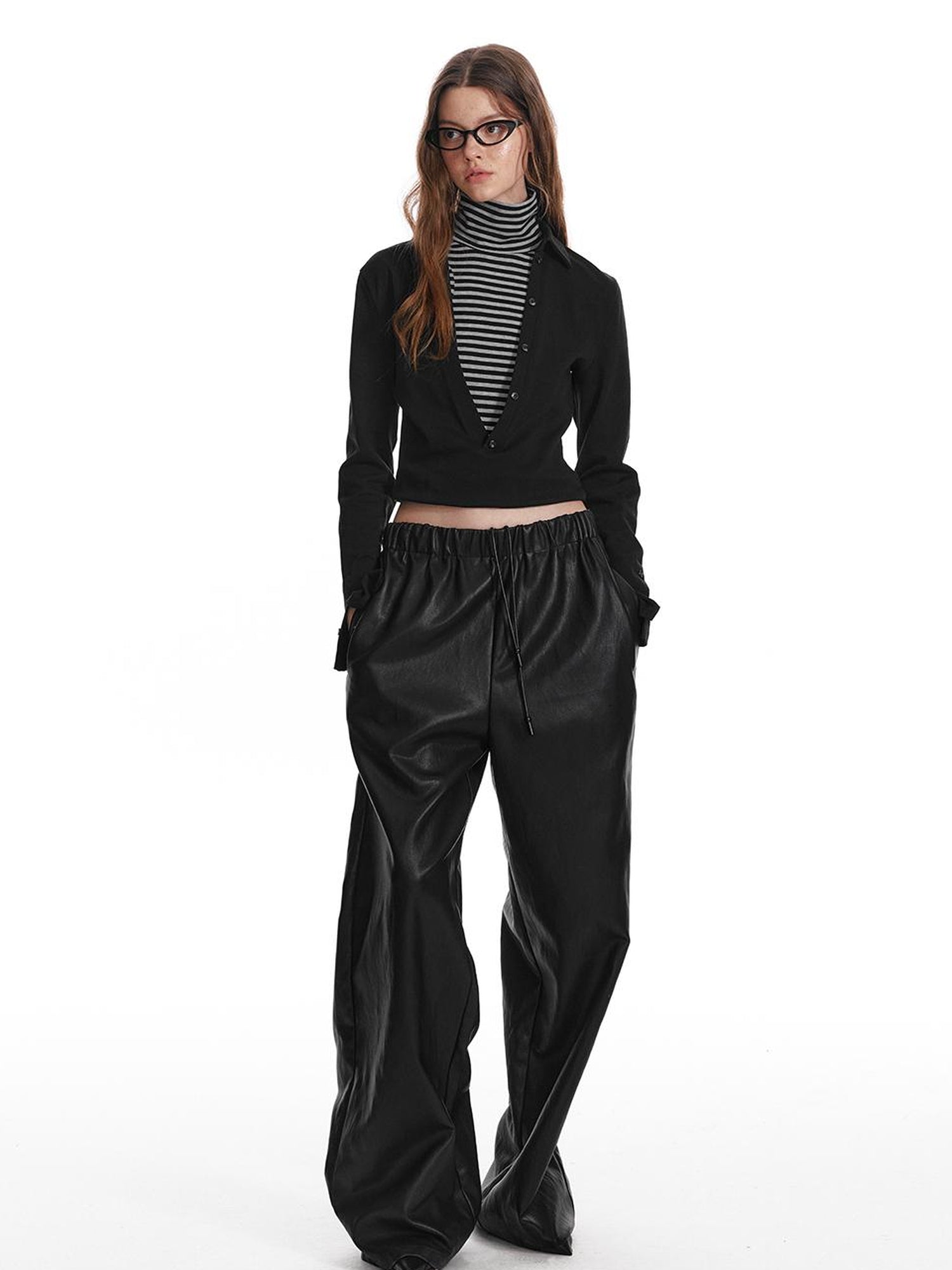 ALINNV STUDIO Fitted Mock Neck Two Layer Top With Split Cuff