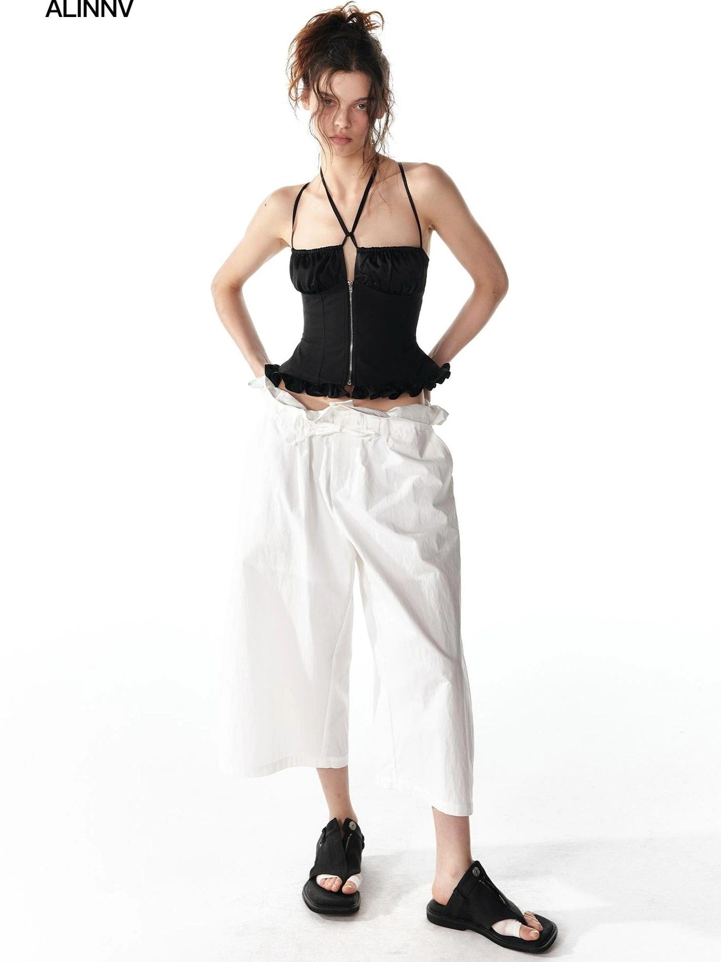 ALINNV STUDIO Floral Lace Tie Waist Wide Leg Cropped Pants Pants