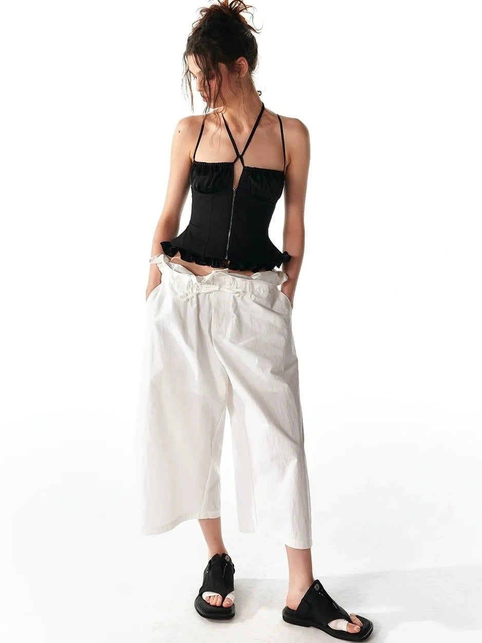 ALINNV STUDIO Floral Lace Tie Waist Wide Leg Cropped Pants Pants