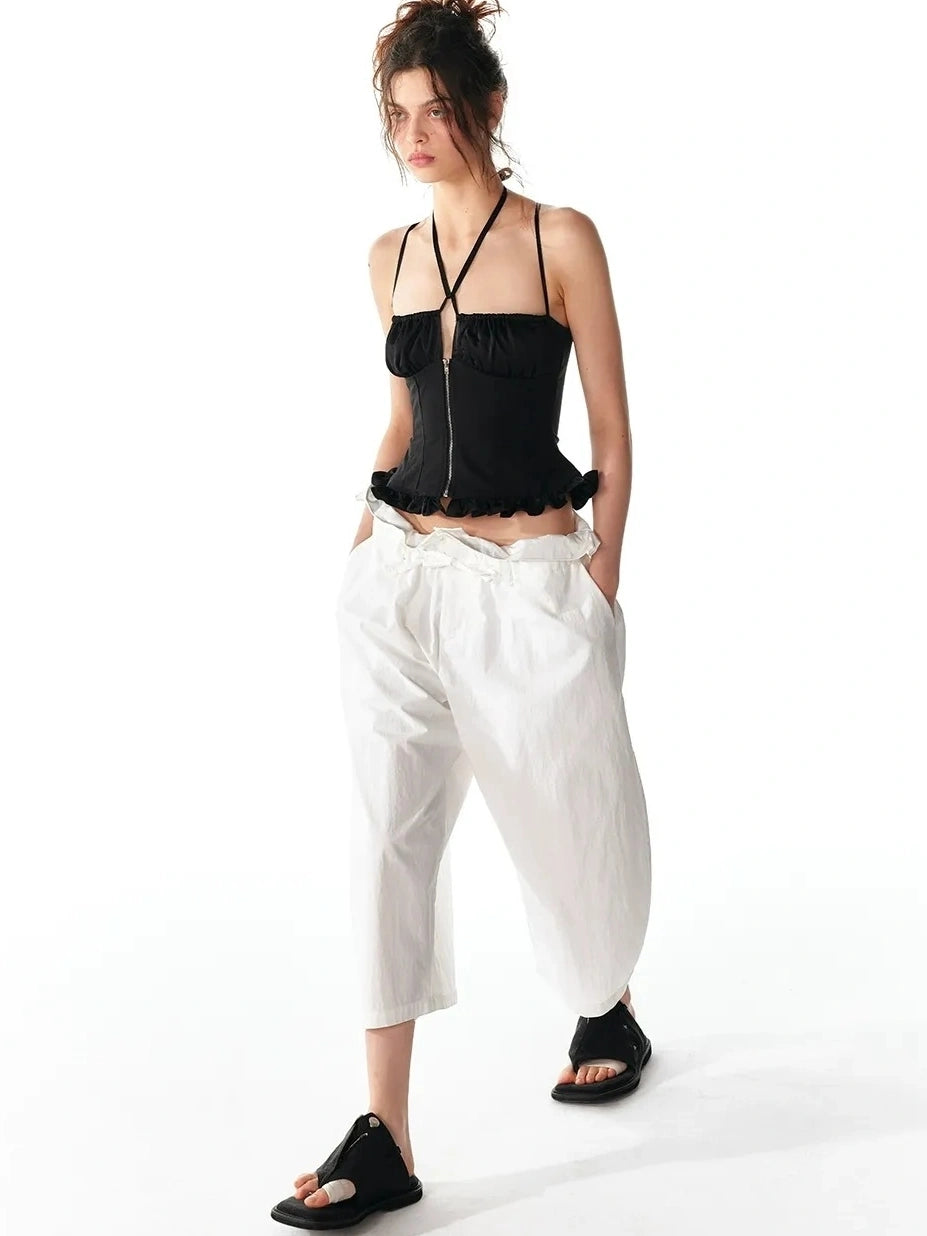 ALINNV STUDIO Floral Lace Tie Waist Wide Leg Cropped Pants Pants