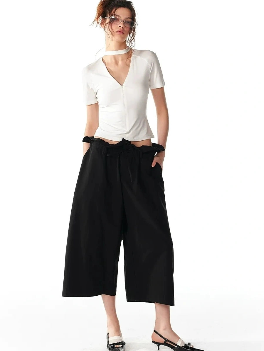 ALINNV STUDIO Floral Lace Tie Waist Wide Leg Cropped Pants Pants