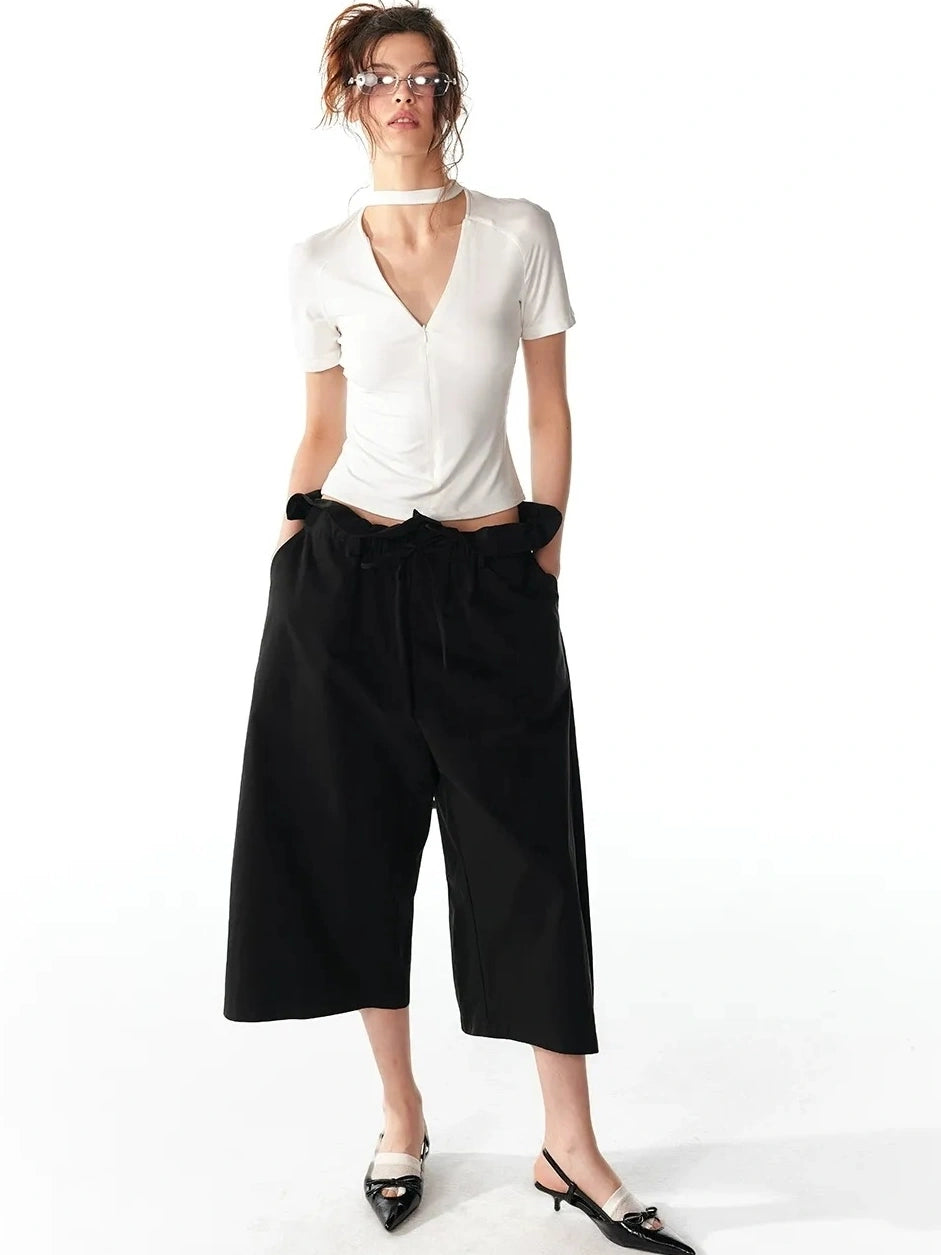 ALINNV STUDIO Floral Lace Tie Waist Wide Leg Cropped Pants Pants