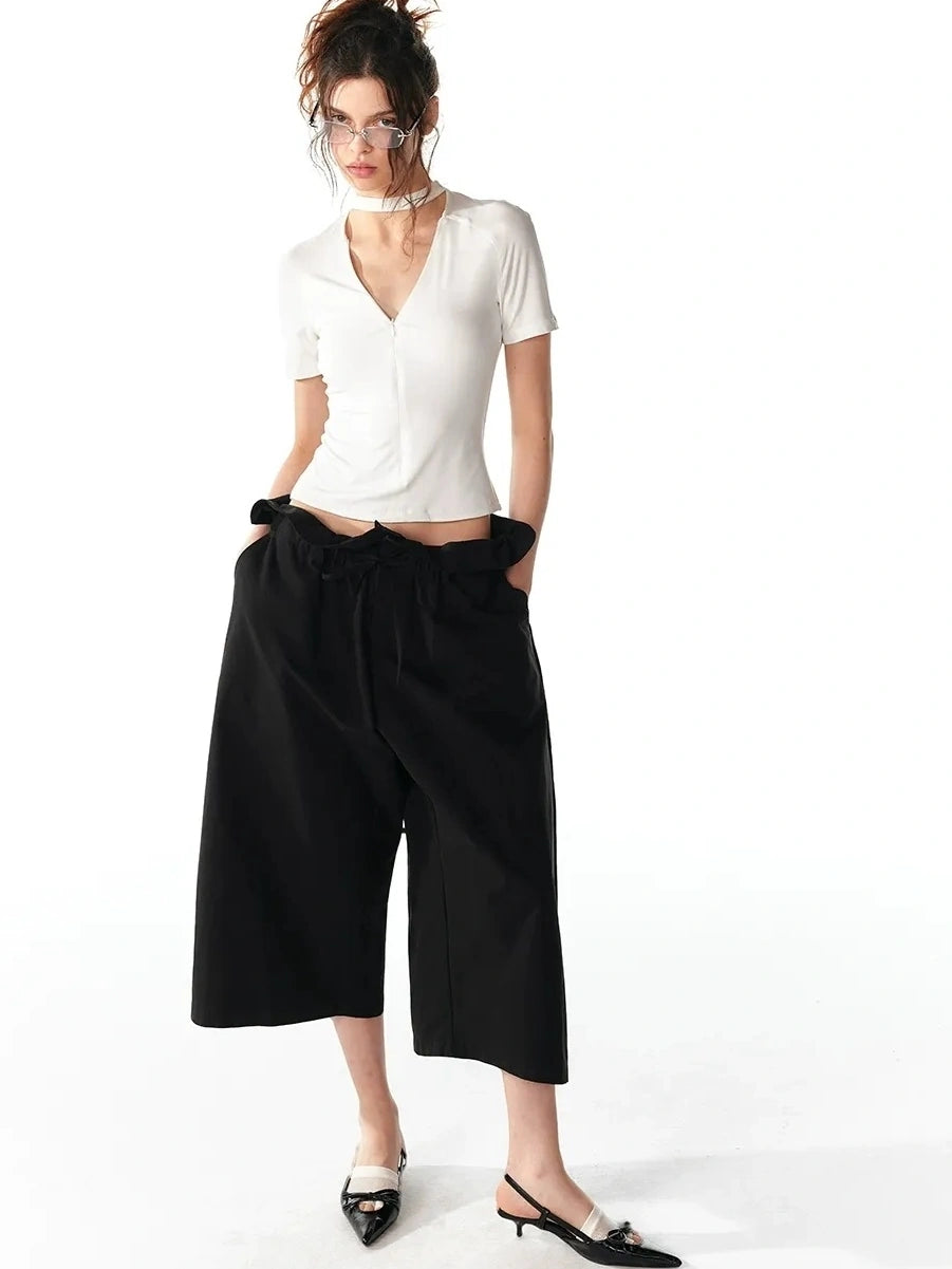 ALINNV STUDIO Floral Lace Tie Waist Wide Leg Cropped Pants Pants