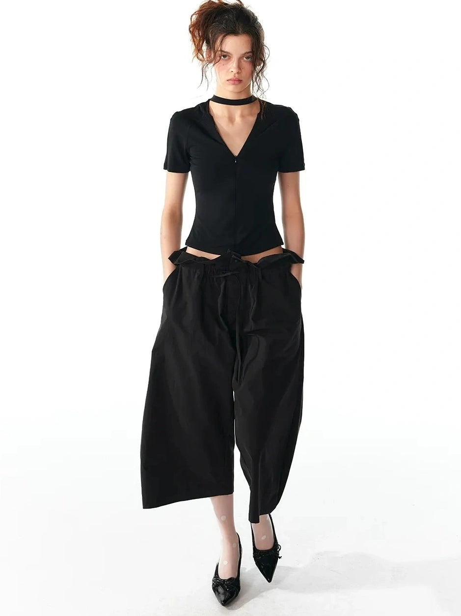 ALINNV STUDIO Floral Lace Tie Waist Wide Leg Cropped Pants Pants