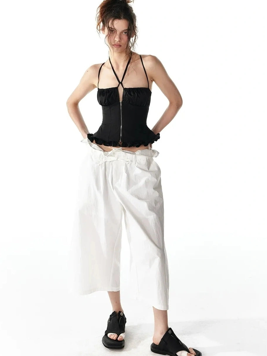 ALINNV STUDIO Floral Lace Tie Waist Wide Leg Cropped Pants Pants