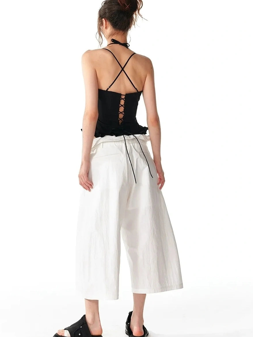 ALINNV STUDIO Floral Lace Tie Waist Wide Leg Cropped Pants Pants