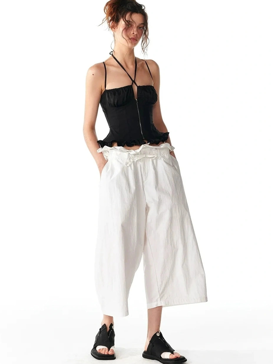 ALINNV STUDIO Floral Lace Tie Waist Wide Leg Cropped Pants Pants