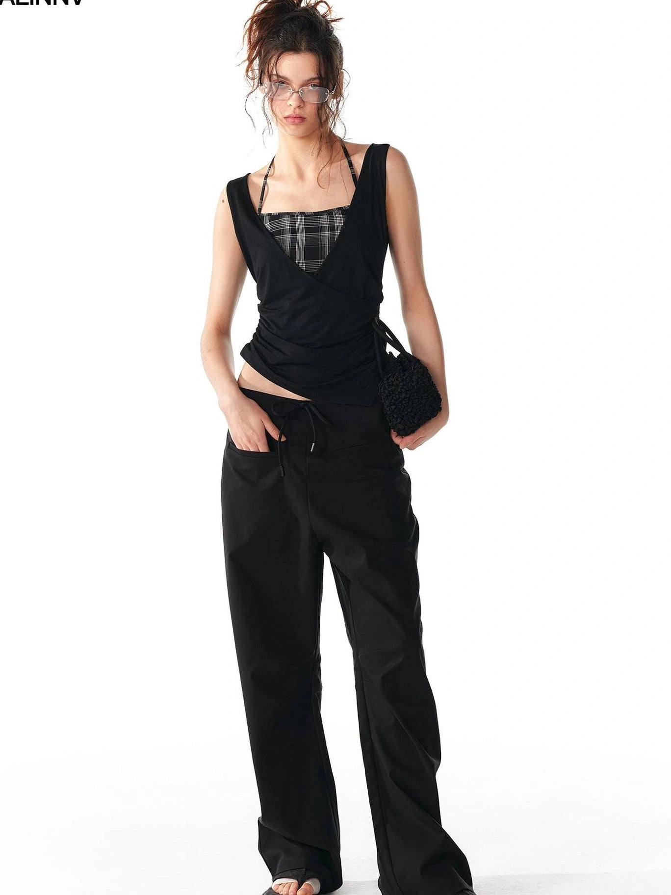 ALINNV STUDIO Grid Paneled Layered Vest With Asymmetrical Hem Tank Top/Camisole