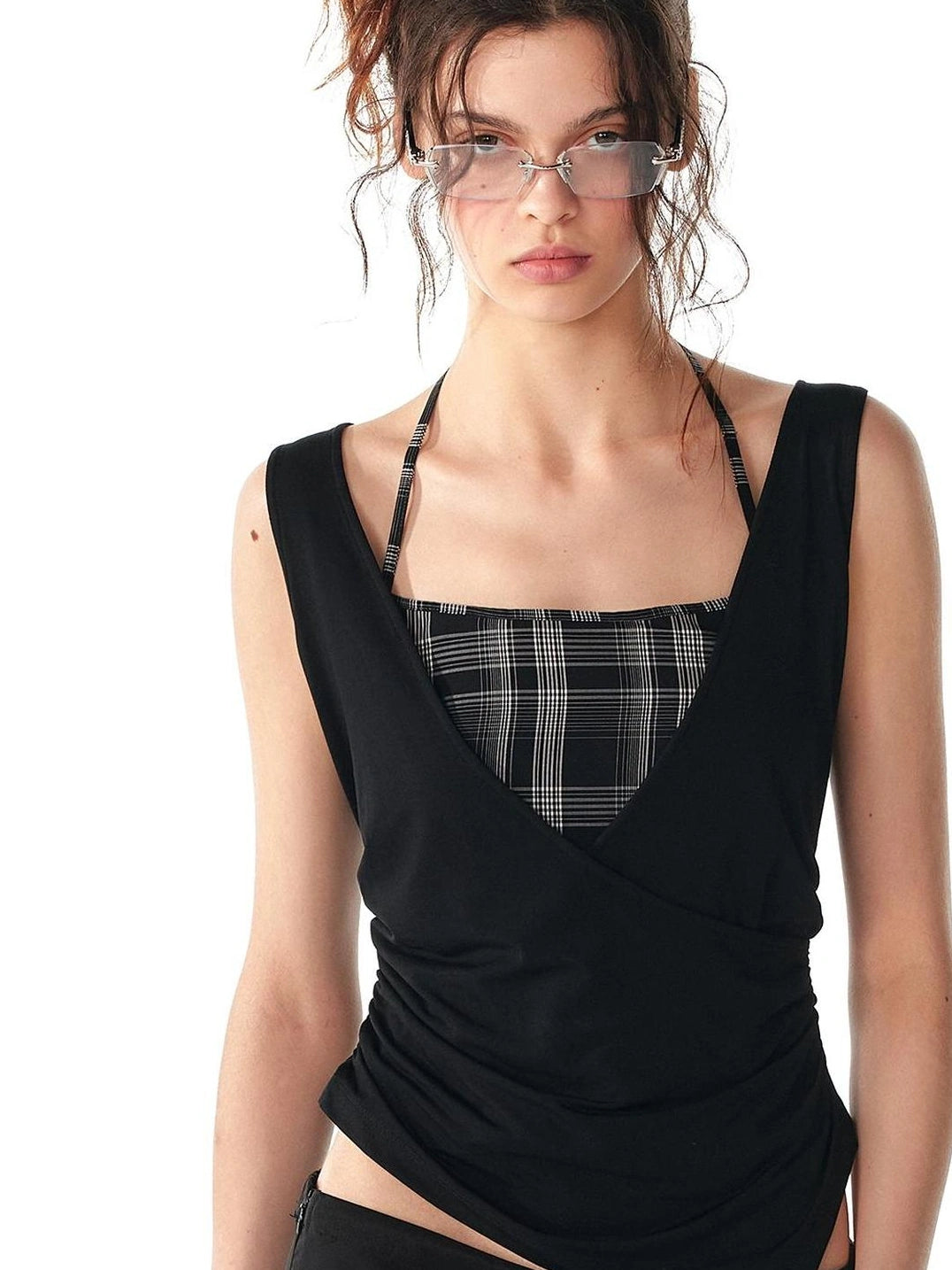 ALINNV STUDIO Grid Paneled Layered Vest With Asymmetrical Hem Tank Top/Camisole