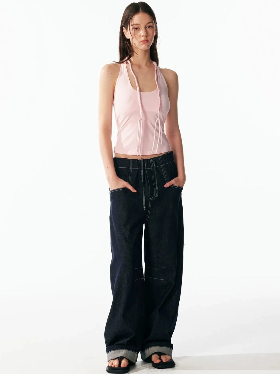 ALINNV STUDIO Hand Knitted U Neck Tie Backless Slim Camisole Tank Top/Camisole