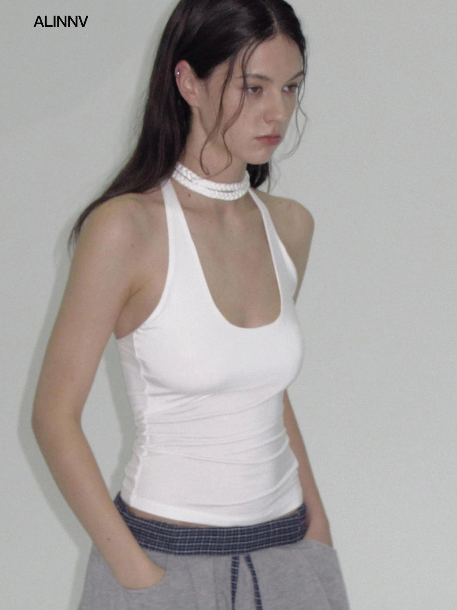 ALINNV STUDIO Hand Knitted U Neck Tie Backless Slim Camisole Tank Top/Camisole