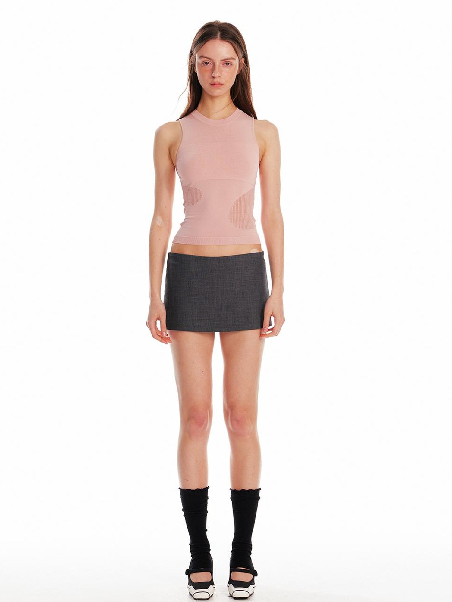 ALINNV STUDIO Irregular Cutout Semi Sheer Knit Vest V Neck T Shirt Long Sleeve