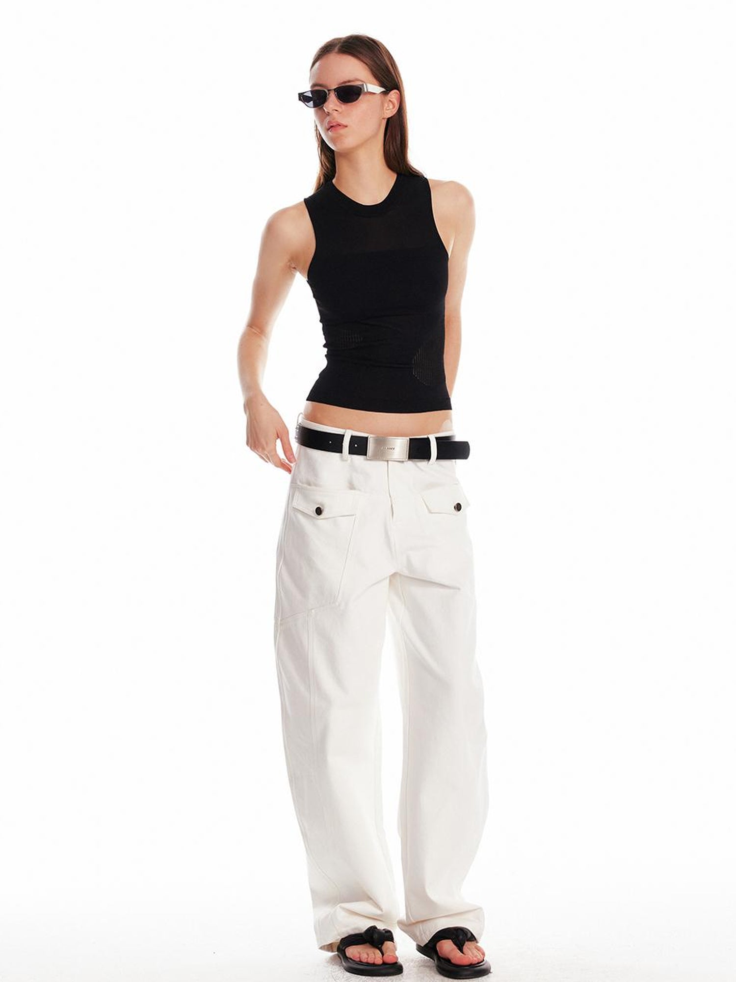 ALINNV STUDIO Irregular Cutout Semi Sheer Knit Vest V Neck T Shirt Long Sleeve