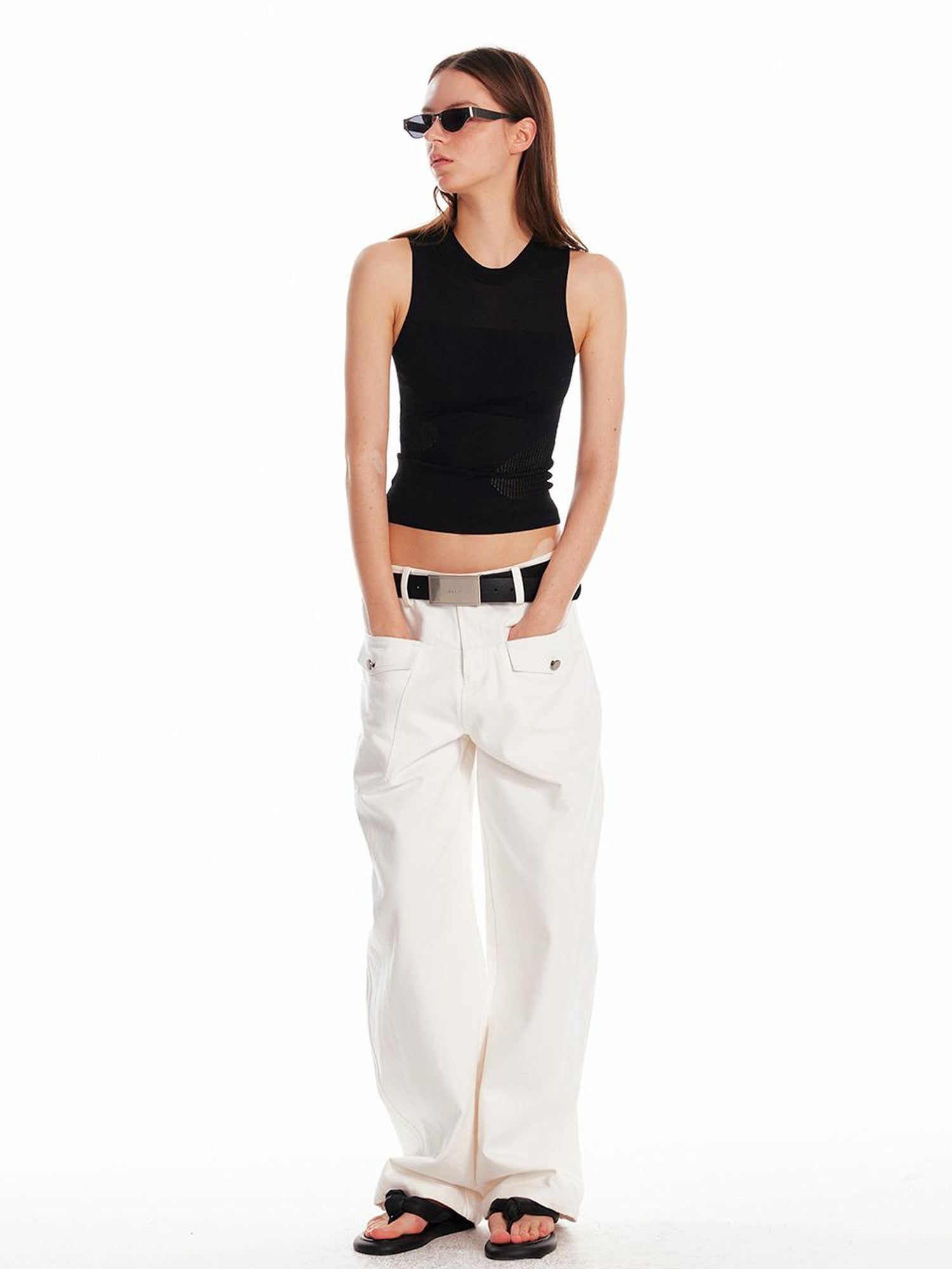 ALINNV STUDIO Irregular Cutout Semi Sheer Knit Vest V Neck T Shirt Long Sleeve