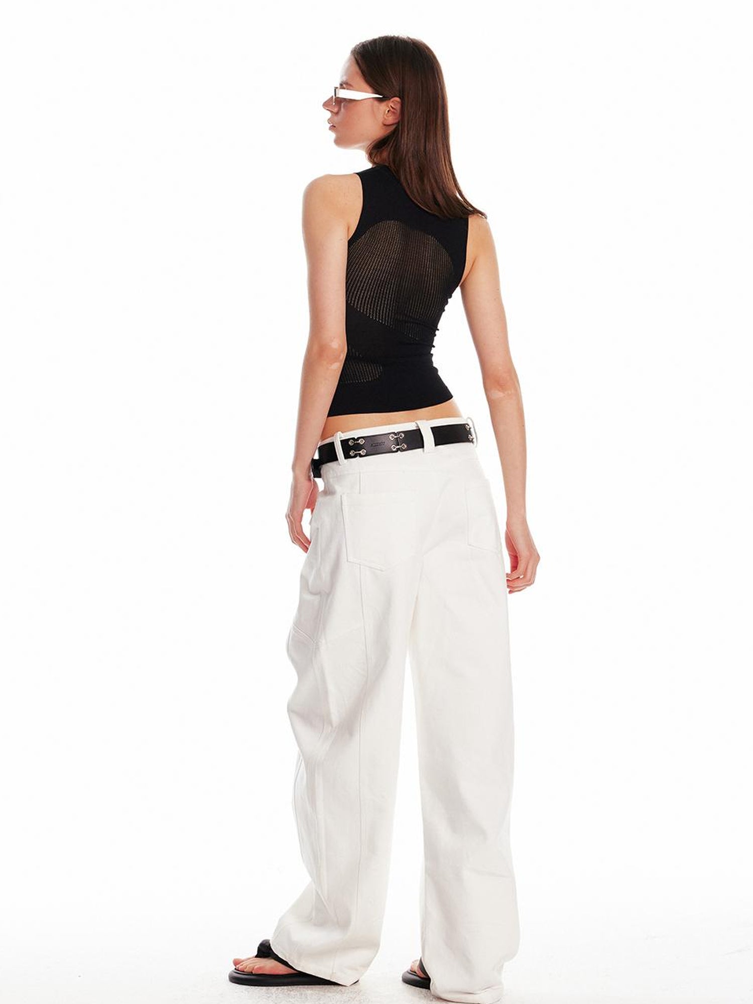 ALINNV STUDIO Irregular Cutout Semi Sheer Knit Vest V Neck T Shirt Long Sleeve