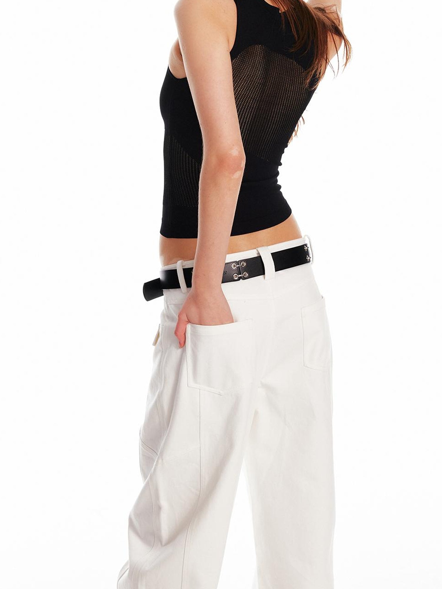 ALINNV STUDIO Irregular Cutout Semi Sheer Knit Vest V Neck T Shirt Long Sleeve