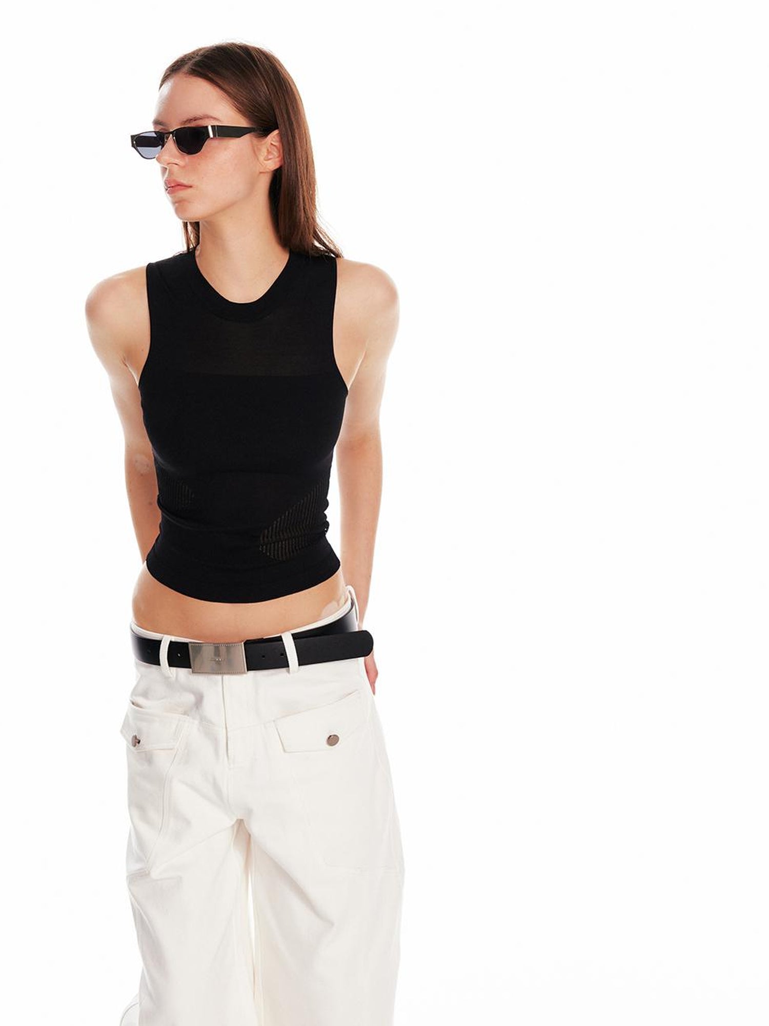 ALINNV STUDIO Irregular Cutout Semi Sheer Knit Vest V Neck T Shirt Long Sleeve