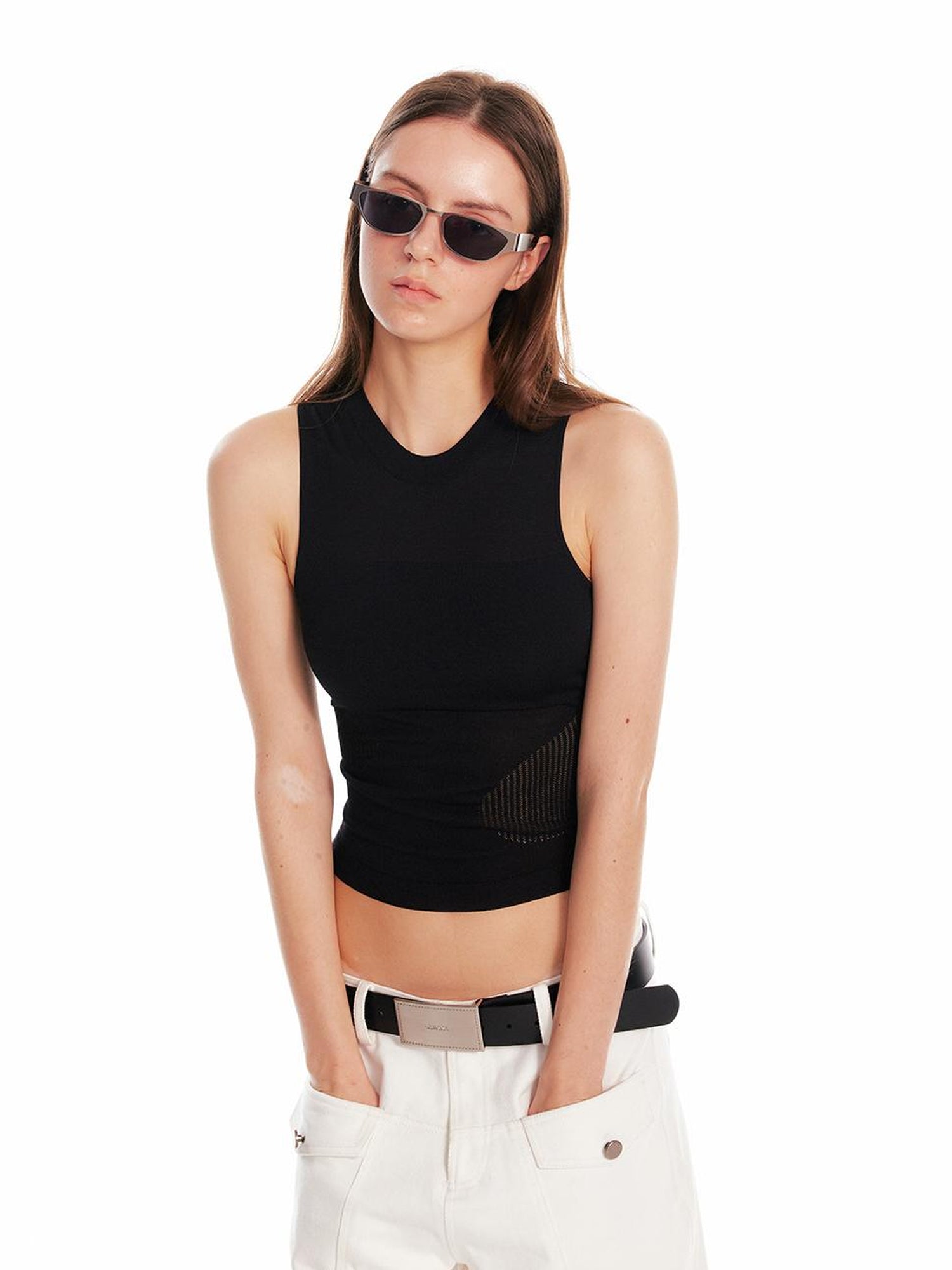 ALINNV STUDIO Irregular Cutout Semi Sheer Knit Vest V Neck T Shirt Long Sleeve