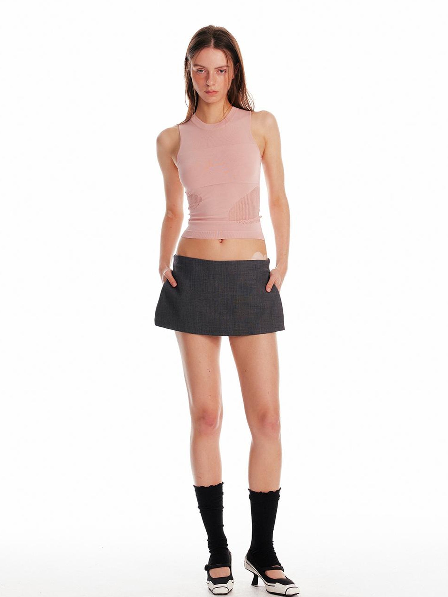 ALINNV STUDIO Irregular Cutout Semi Sheer Knit Vest V Neck T Shirt Long Sleeve