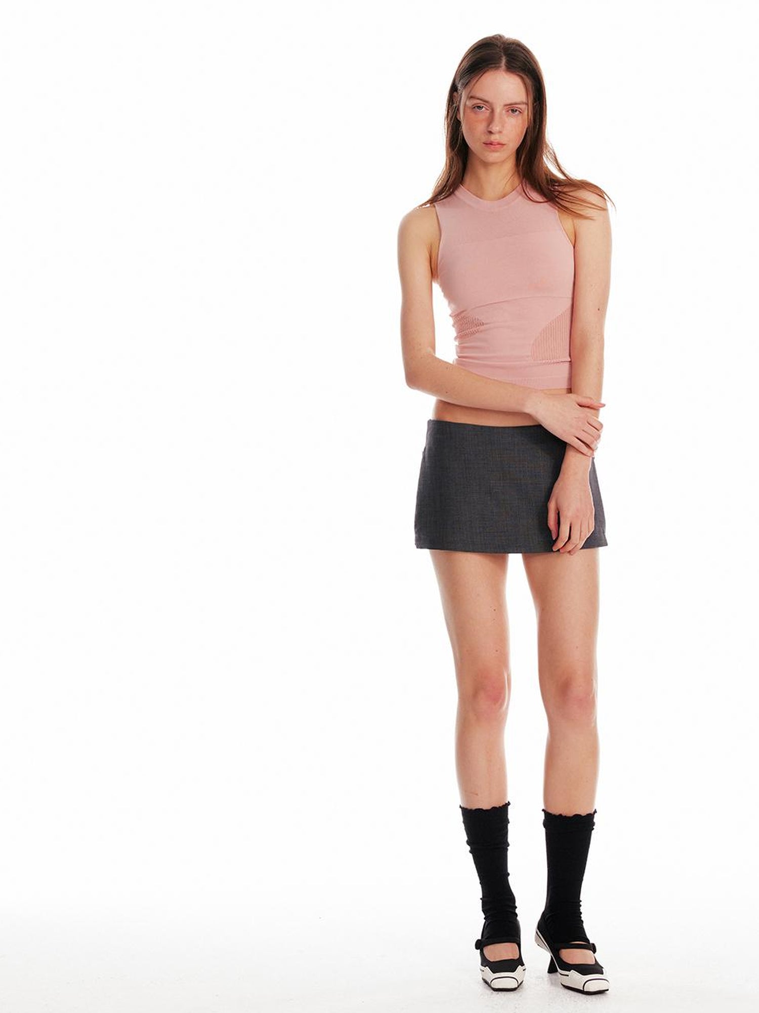 ALINNV STUDIO Irregular Cutout Semi Sheer Knit Vest V Neck T Shirt Long Sleeve