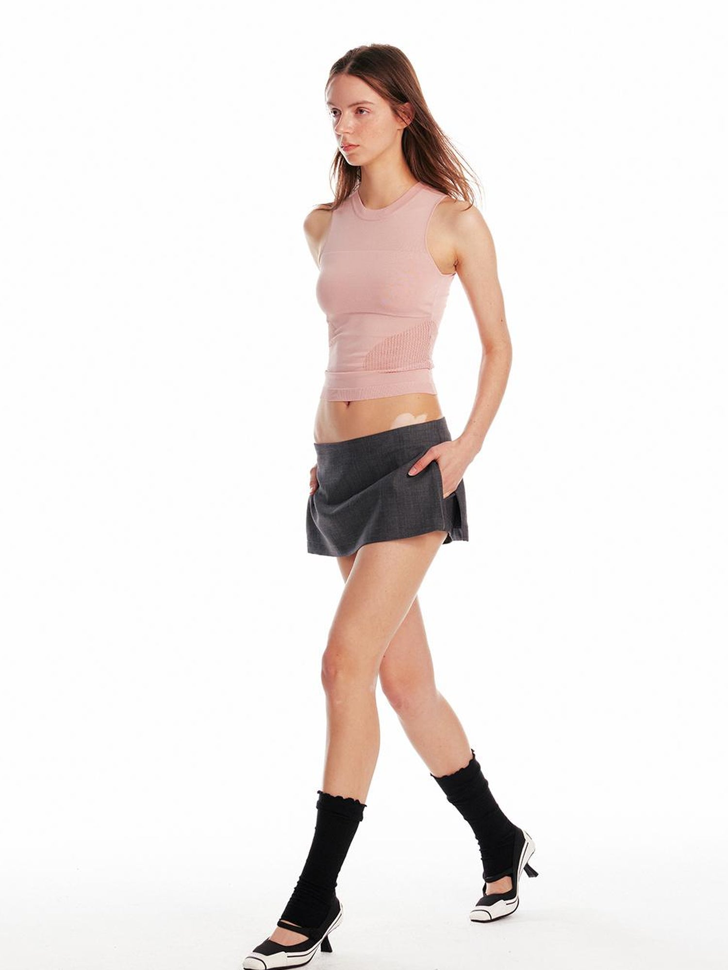 ALINNV STUDIO Irregular Cutout Semi Sheer Knit Vest V Neck T Shirt Long Sleeve