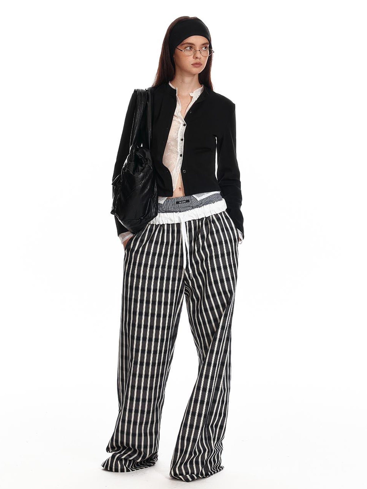 ALINNV STUDIO Lace Paneled Black Knit Long Sleeve Shirt