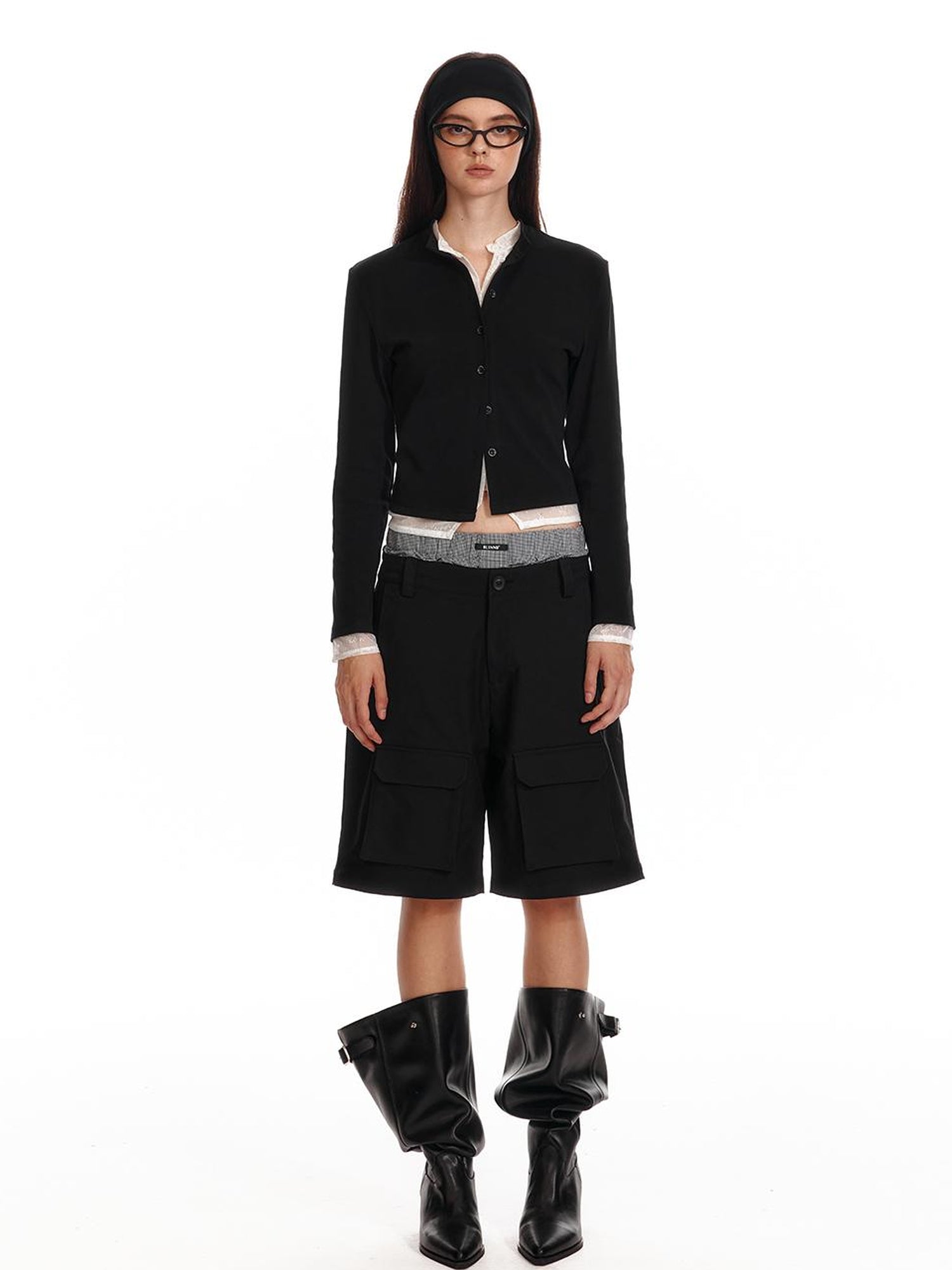 ALINNV STUDIO Lace Paneled Black Knit Long Sleeve Shirt