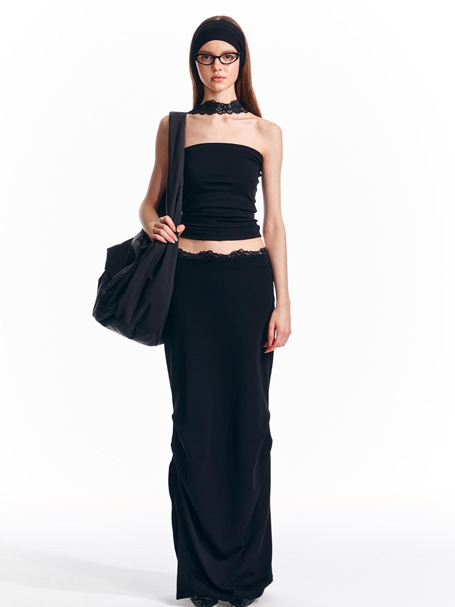 ALINNV STUDIO Lace Waist Knit Maxi Skirt With Slit