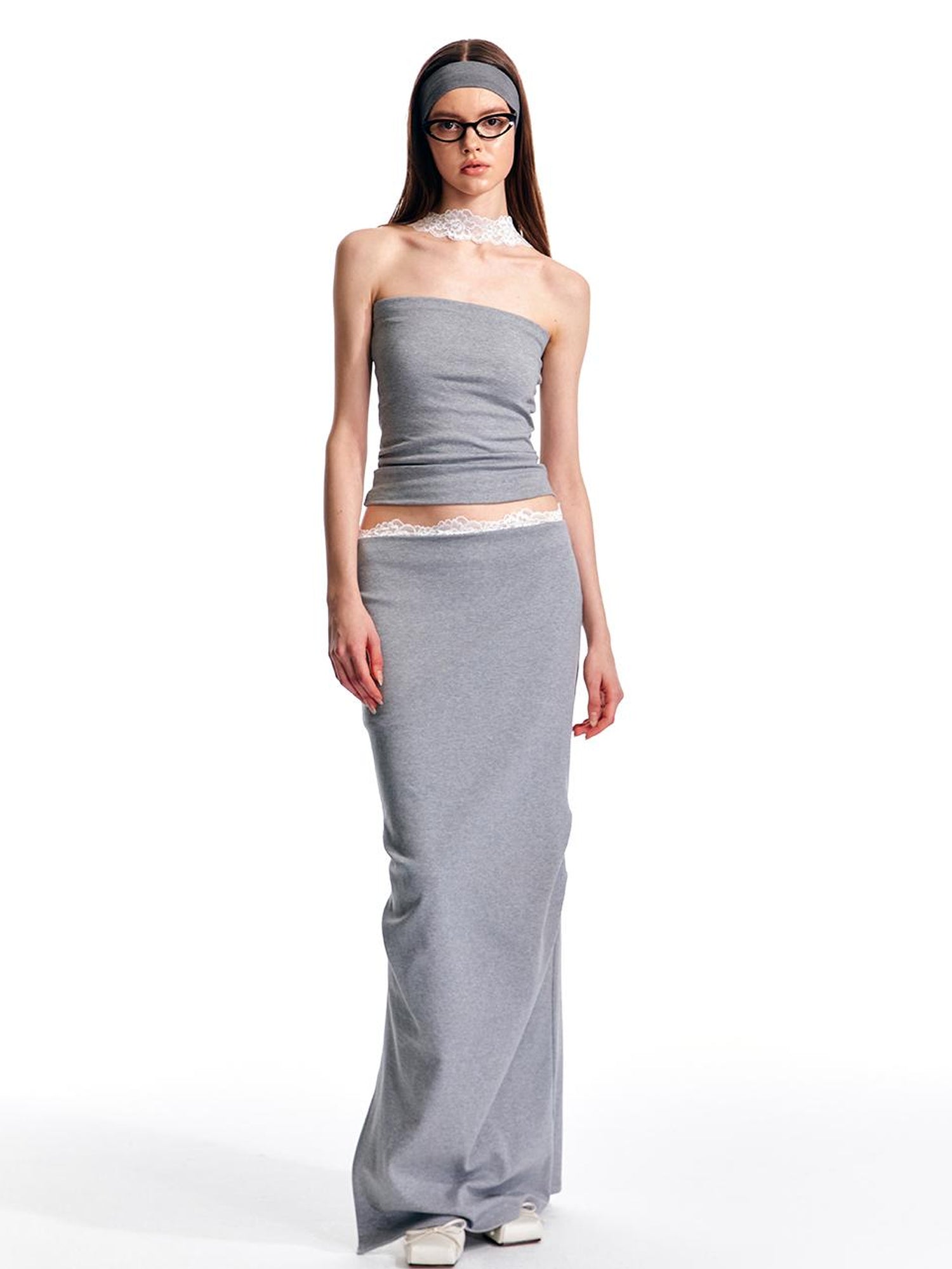 ALINNV STUDIO Lace Waist Knit Maxi Skirt With Slit