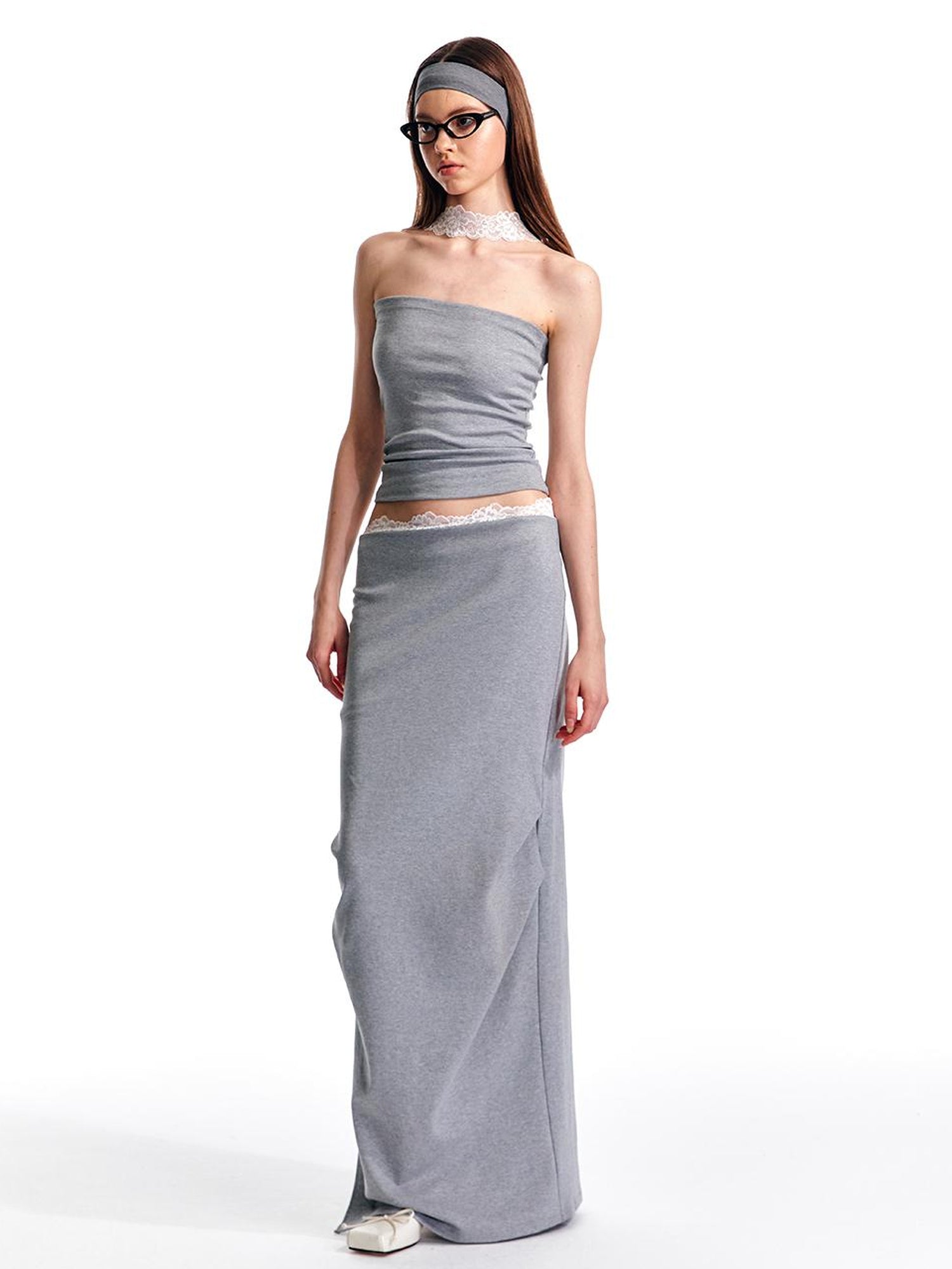 ALINNV STUDIO Lace Waist Knit Maxi Skirt With Slit