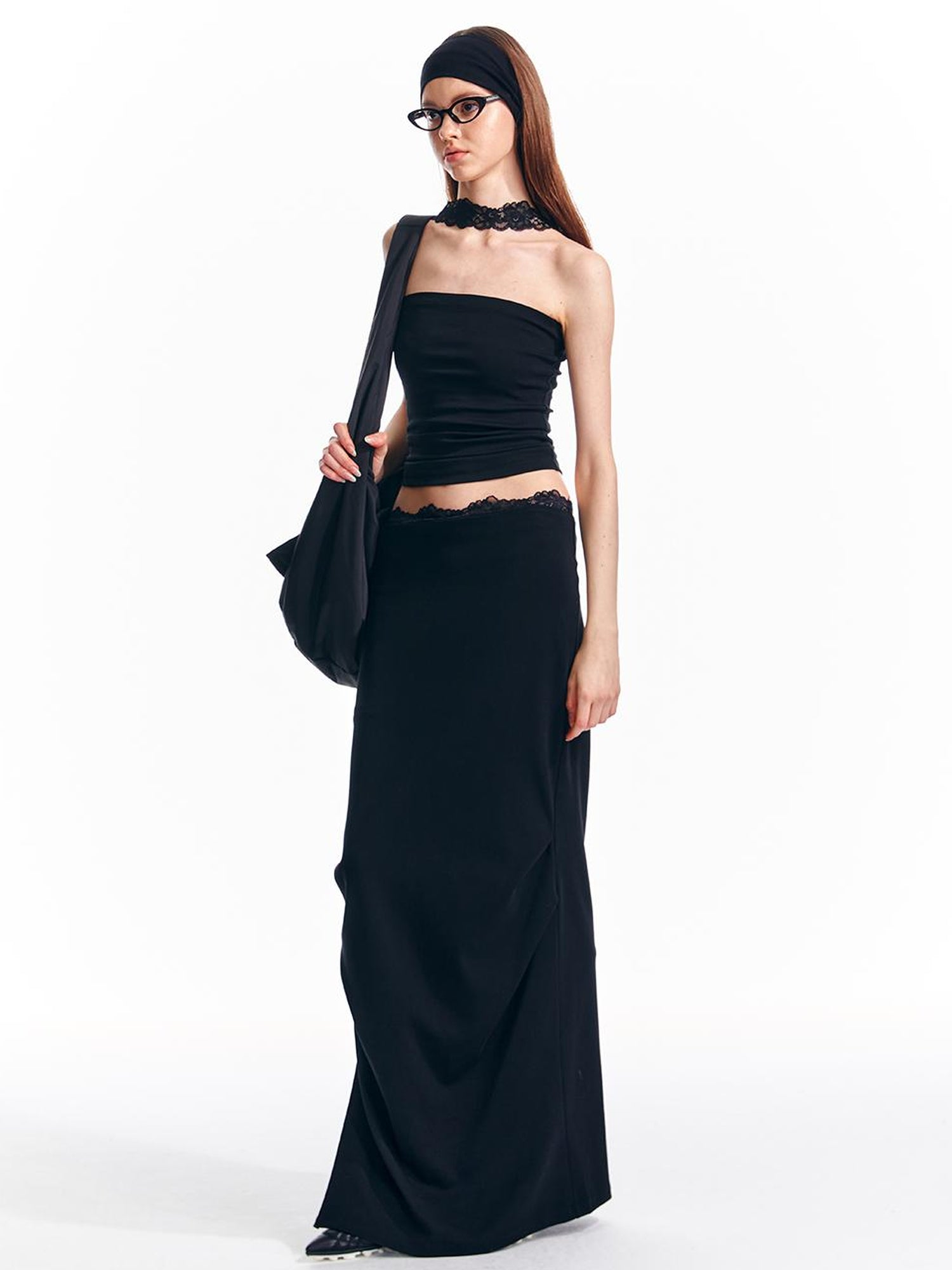 ALINNV STUDIO Lace Waist Knit Maxi Skirt With Slit