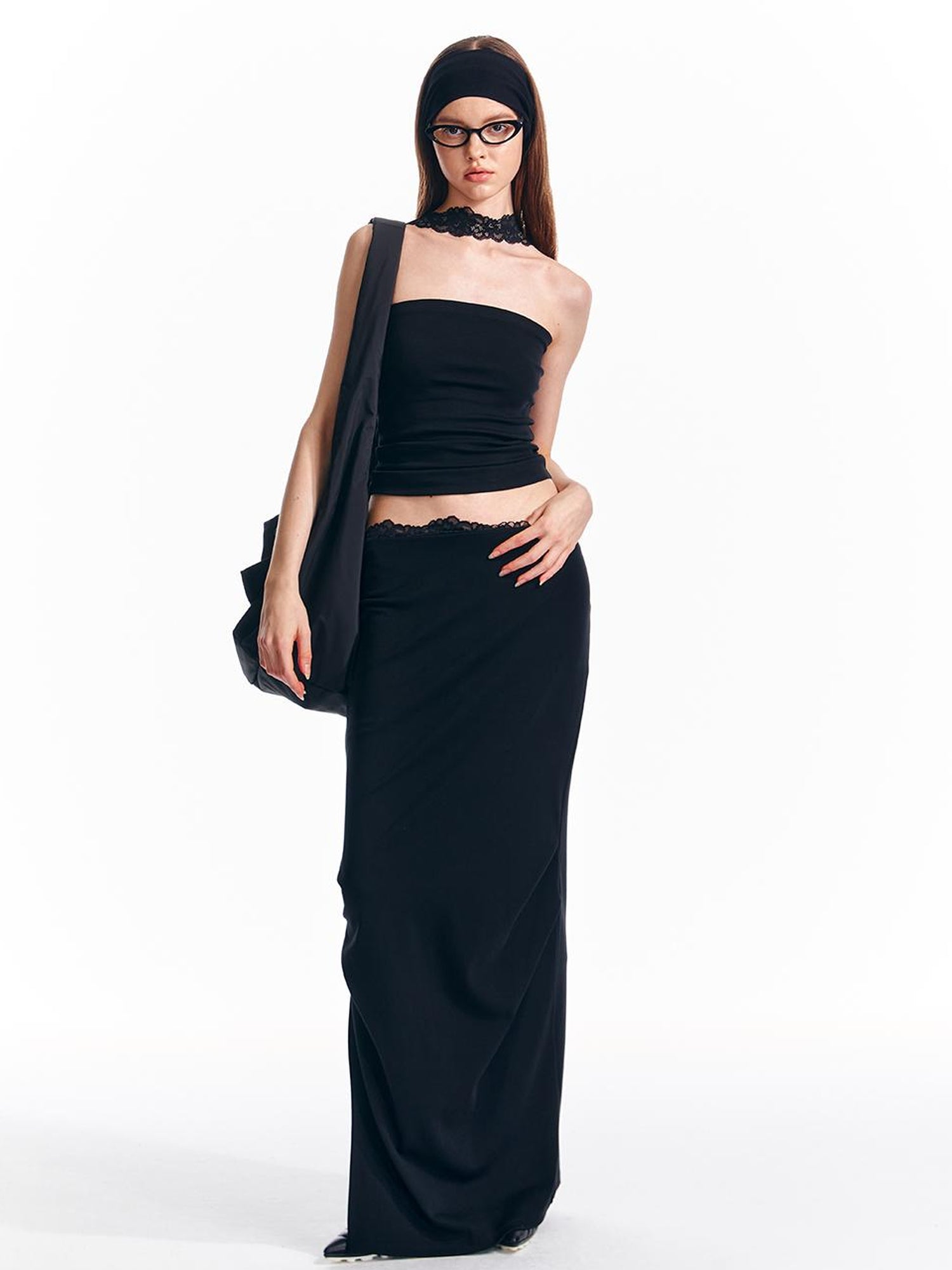 ALINNV STUDIO Lace Waist Knit Maxi Skirt With Slit