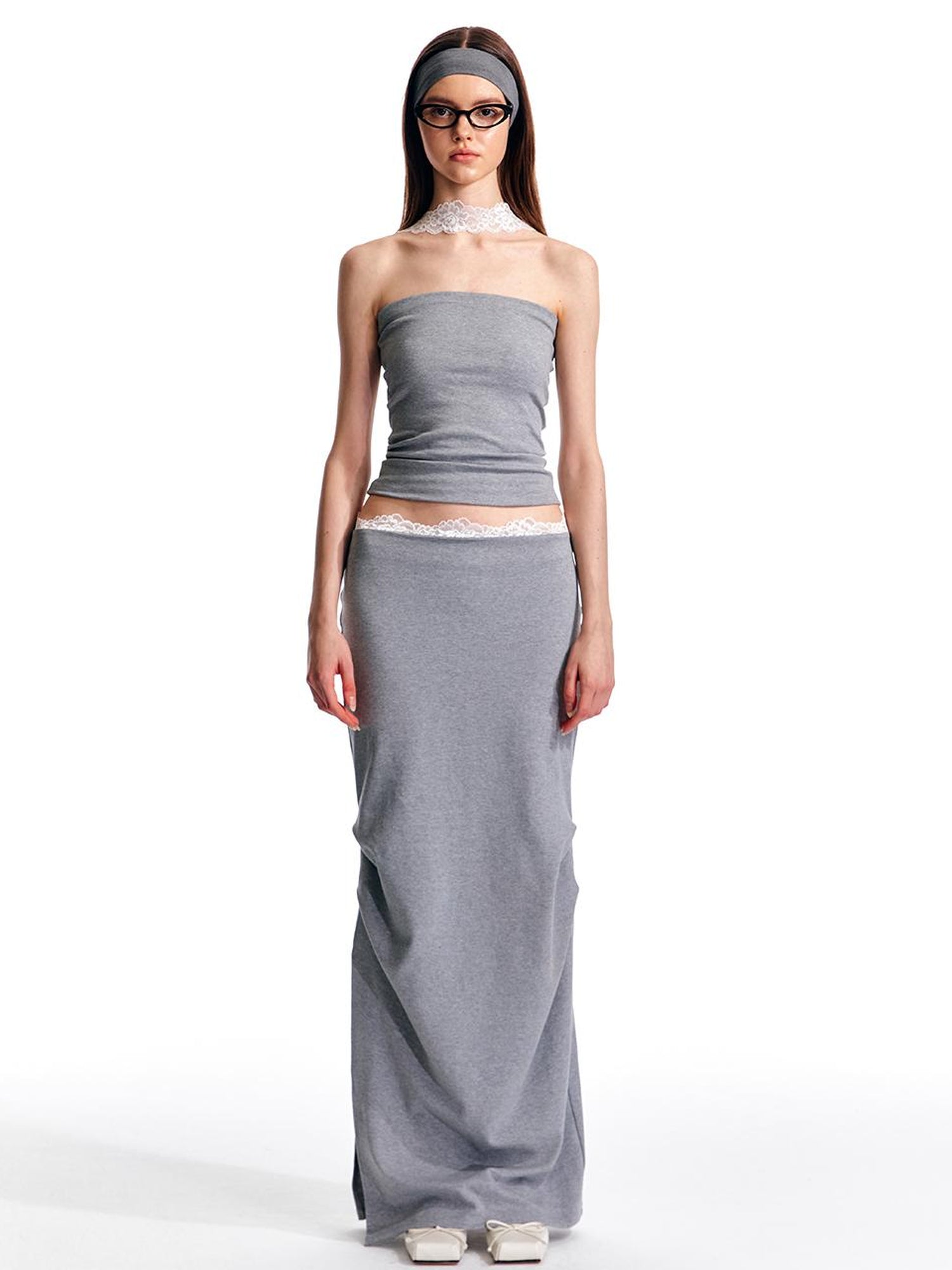 ALINNV STUDIO Lace Waist Knit Maxi Skirt With Slit