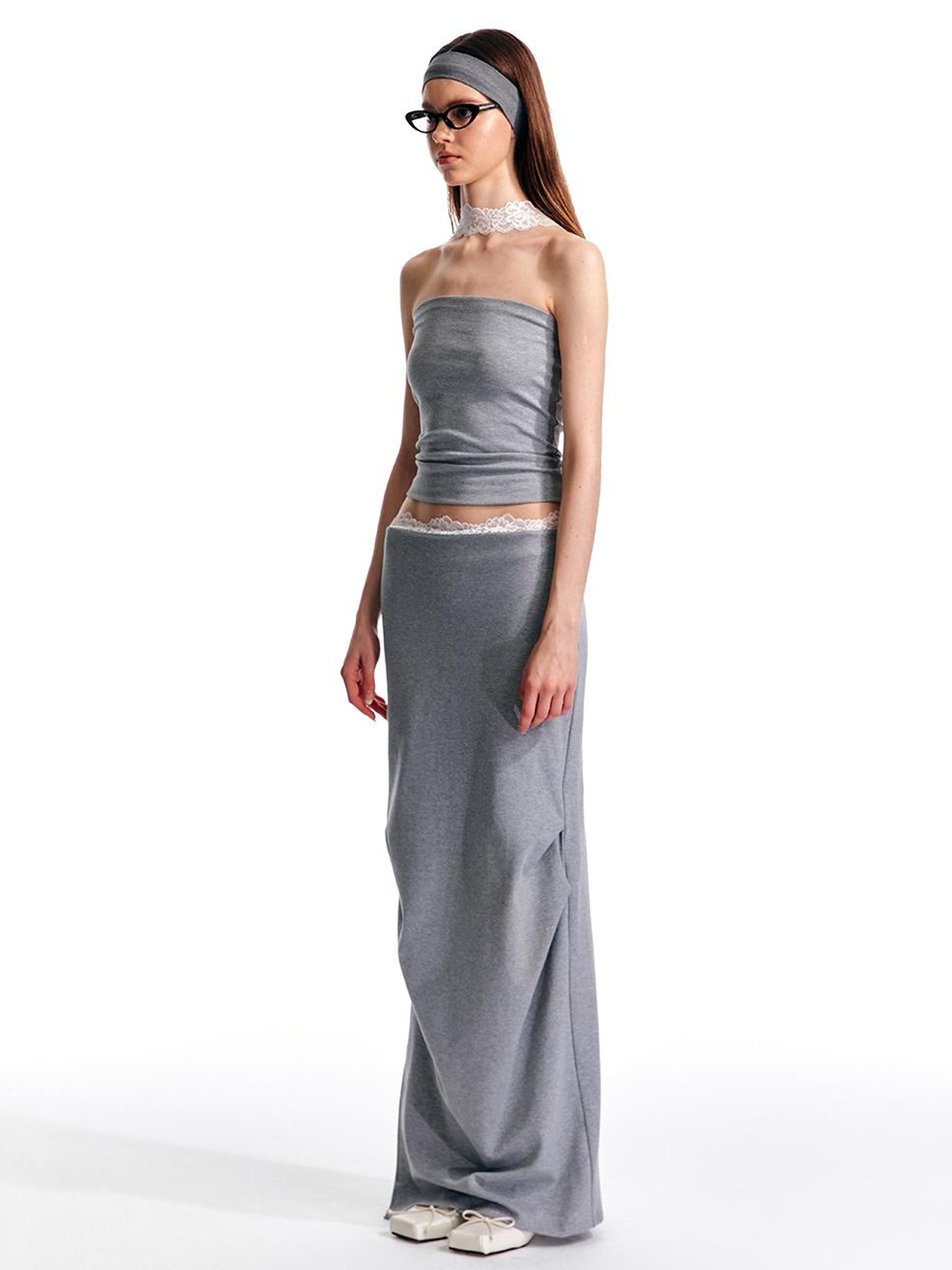 ALINNV STUDIO Lace Waist Knit Maxi Skirt With Slit